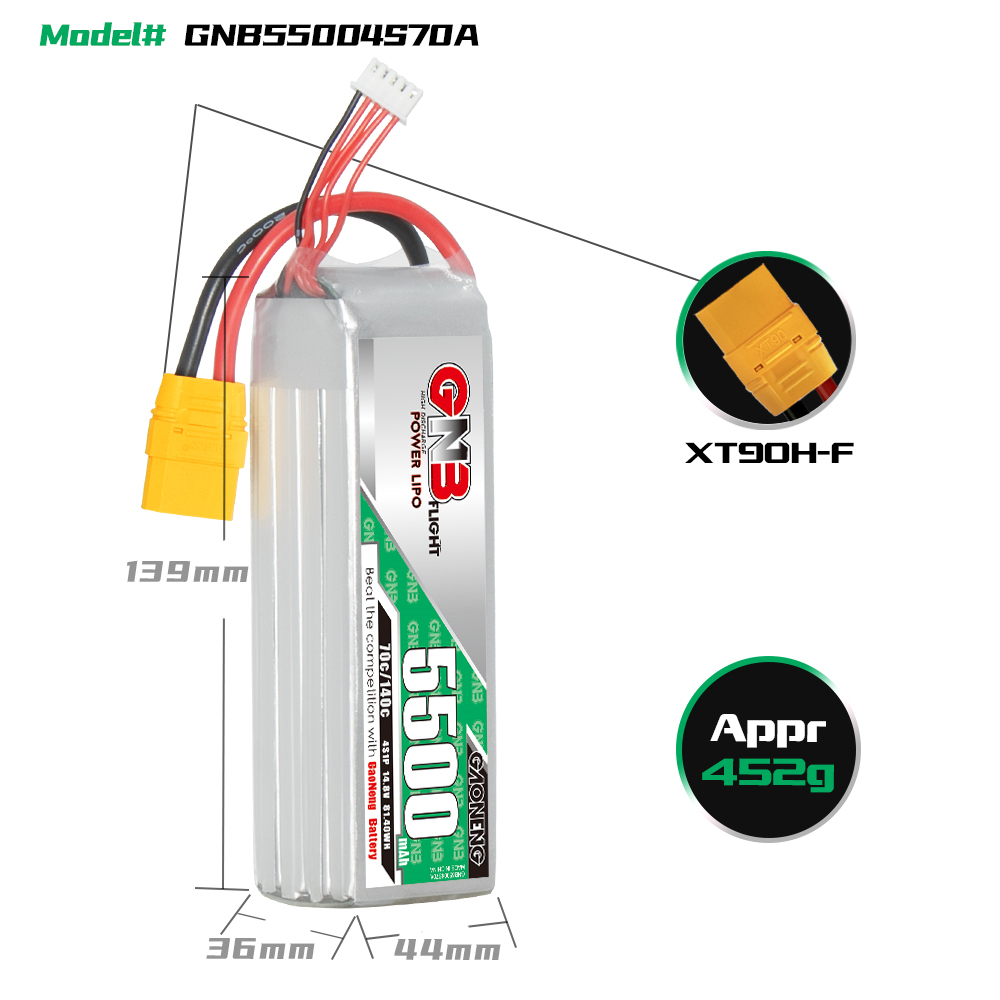 1PC - GAONENG GNB 4S 14.8V 5500mAh 70C XT90 LiPo Battery