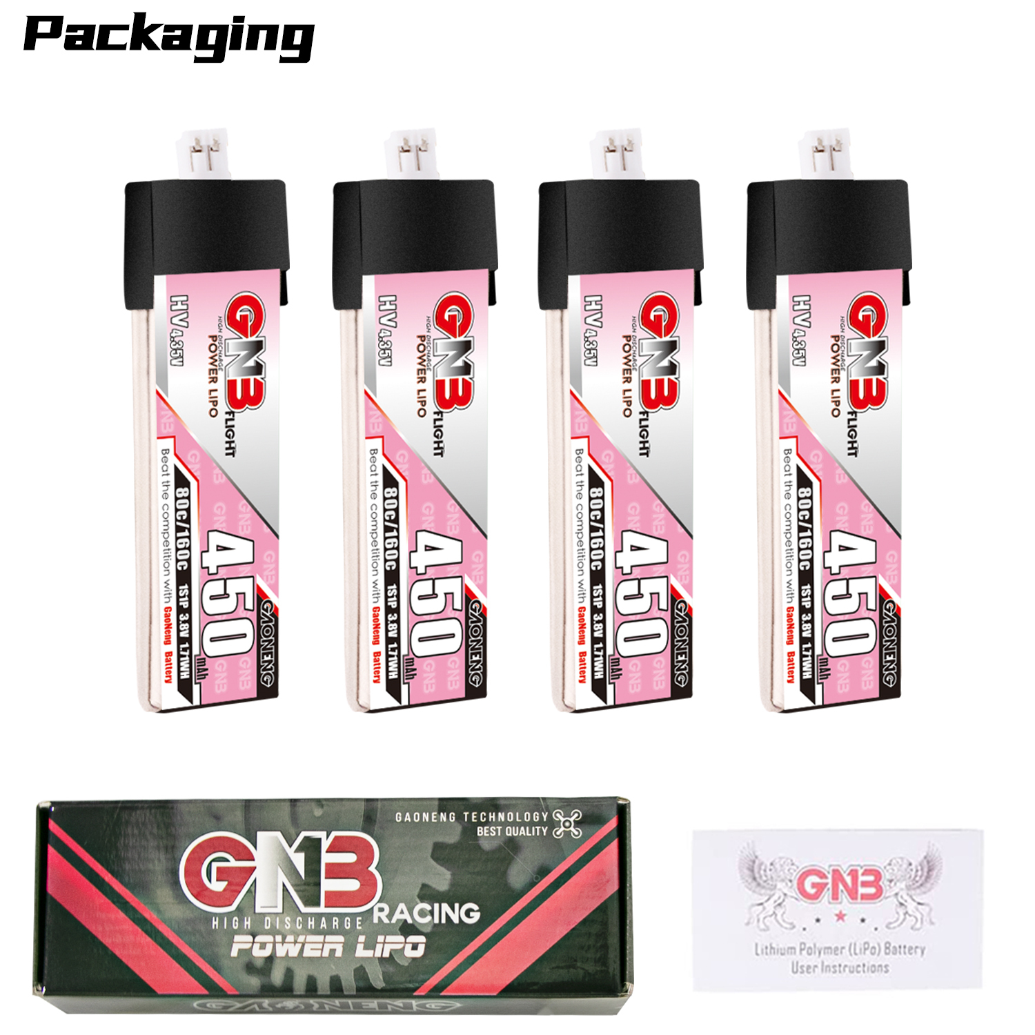 GAONENG GNB LiHV 1S 3.8V 450mAh 80C PH2.0 Plastic Head LiPo Battery
