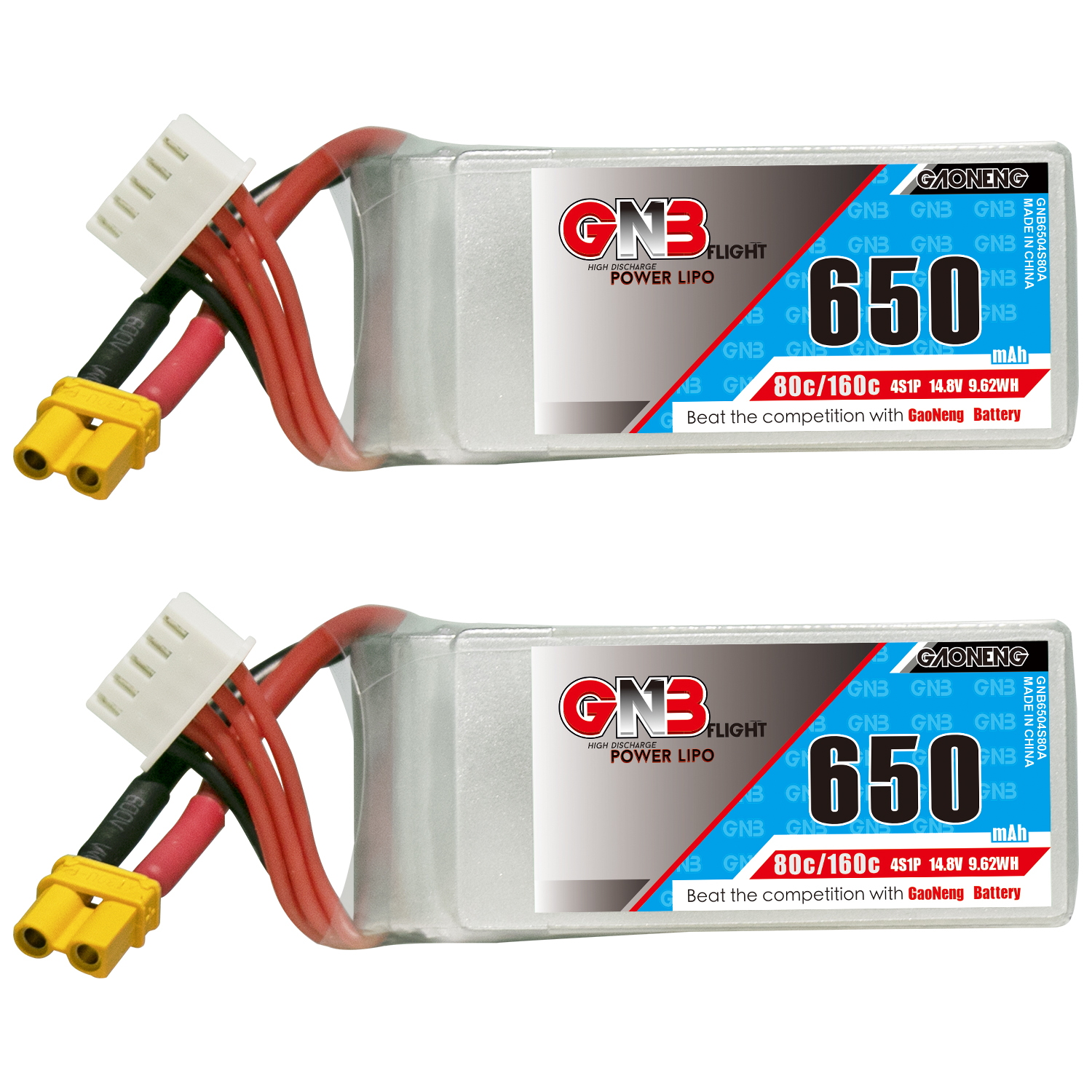 2PCS - GAONENG GNB 4S 14.8V 650mAh 80C XT30 LiPo Battery