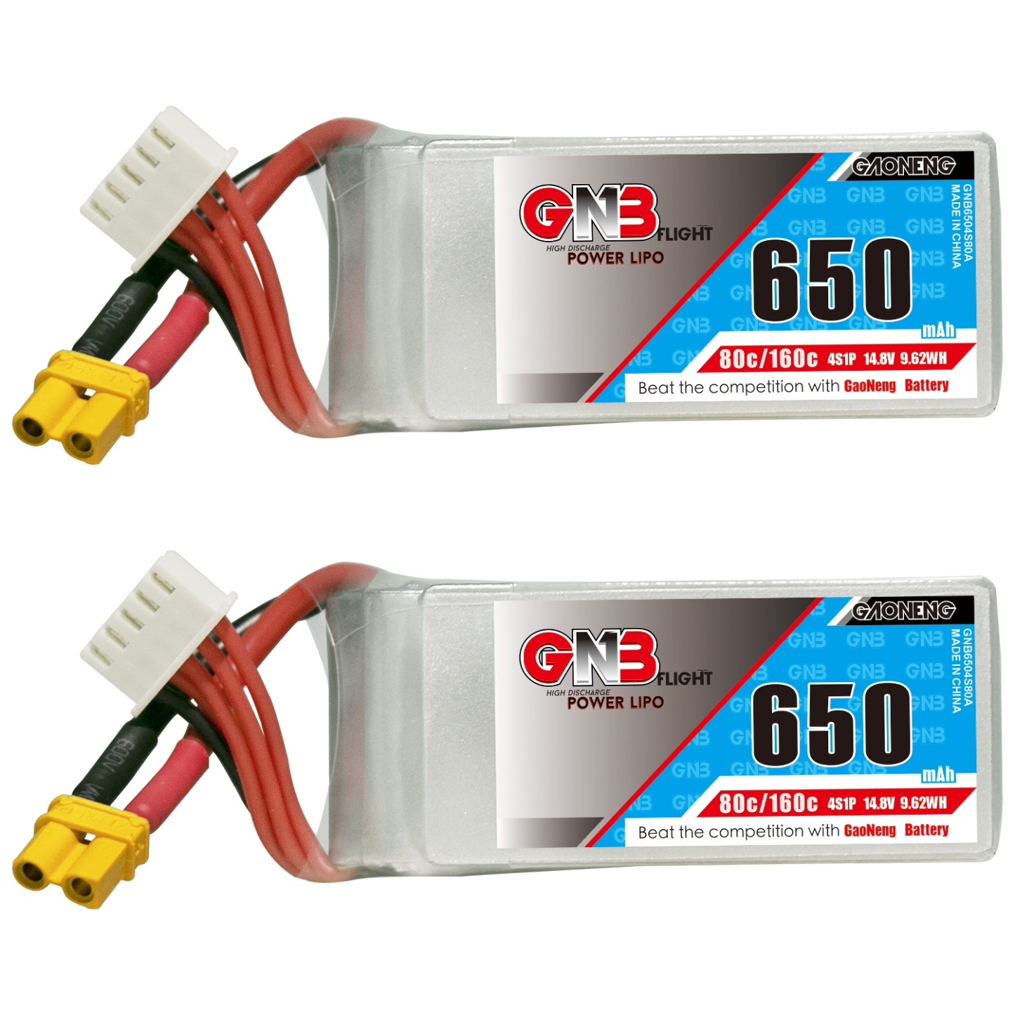 2PCS - GAONENG GNB 4S 14.8V 650mAh 80C XT30 LiPo Battery