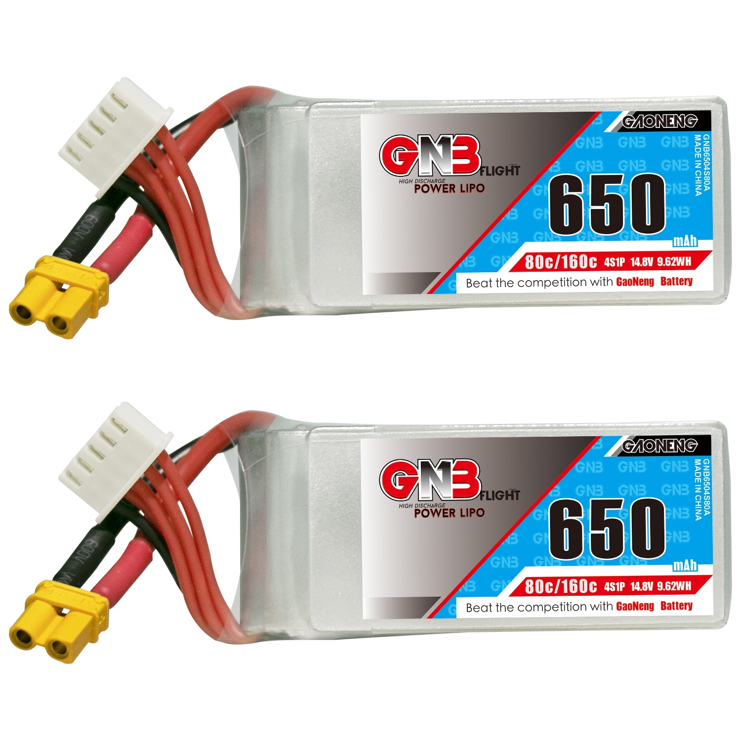 2PCS - GAONENG GNB 4S 14.8V 650mAh 80C XT30 LiPo Battery