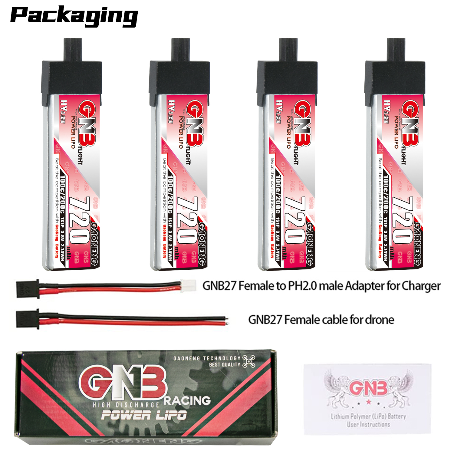 GAONENG GNB LiHV 1S 3.8V 720mAh 100C GNB27 Plastic Head LiPo Battery