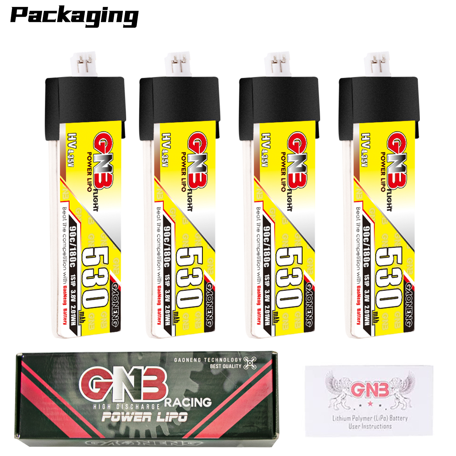 4PCS - GAONENG GNB LiHV 1S 3.8V 530mAh 90C PH2.0 Plastic Head LiPo Battery