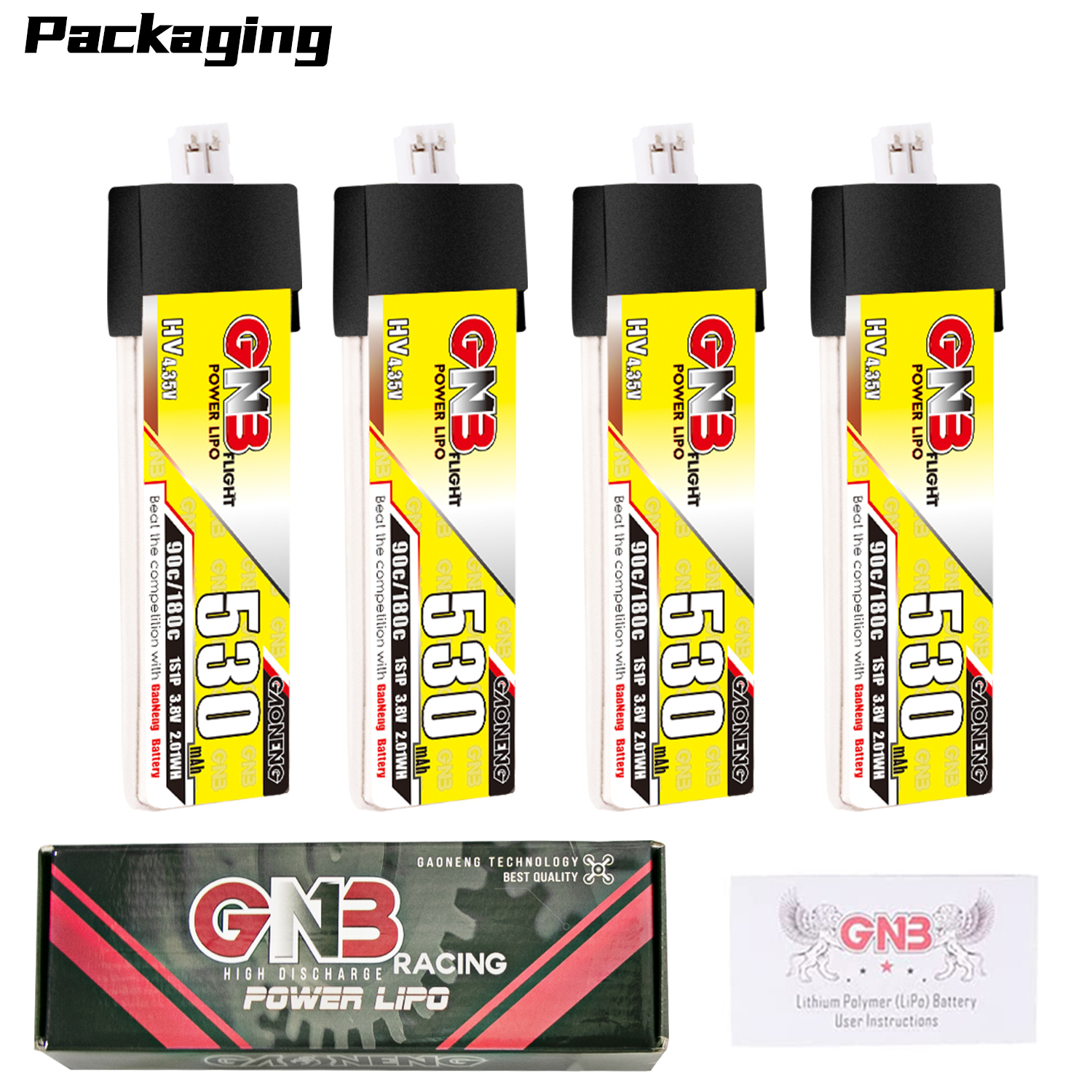 4PCS - GAONENG GNB LiHV 1S 3.8V 530mAh 90C PH2.0 Plastic Head LiPo Battery