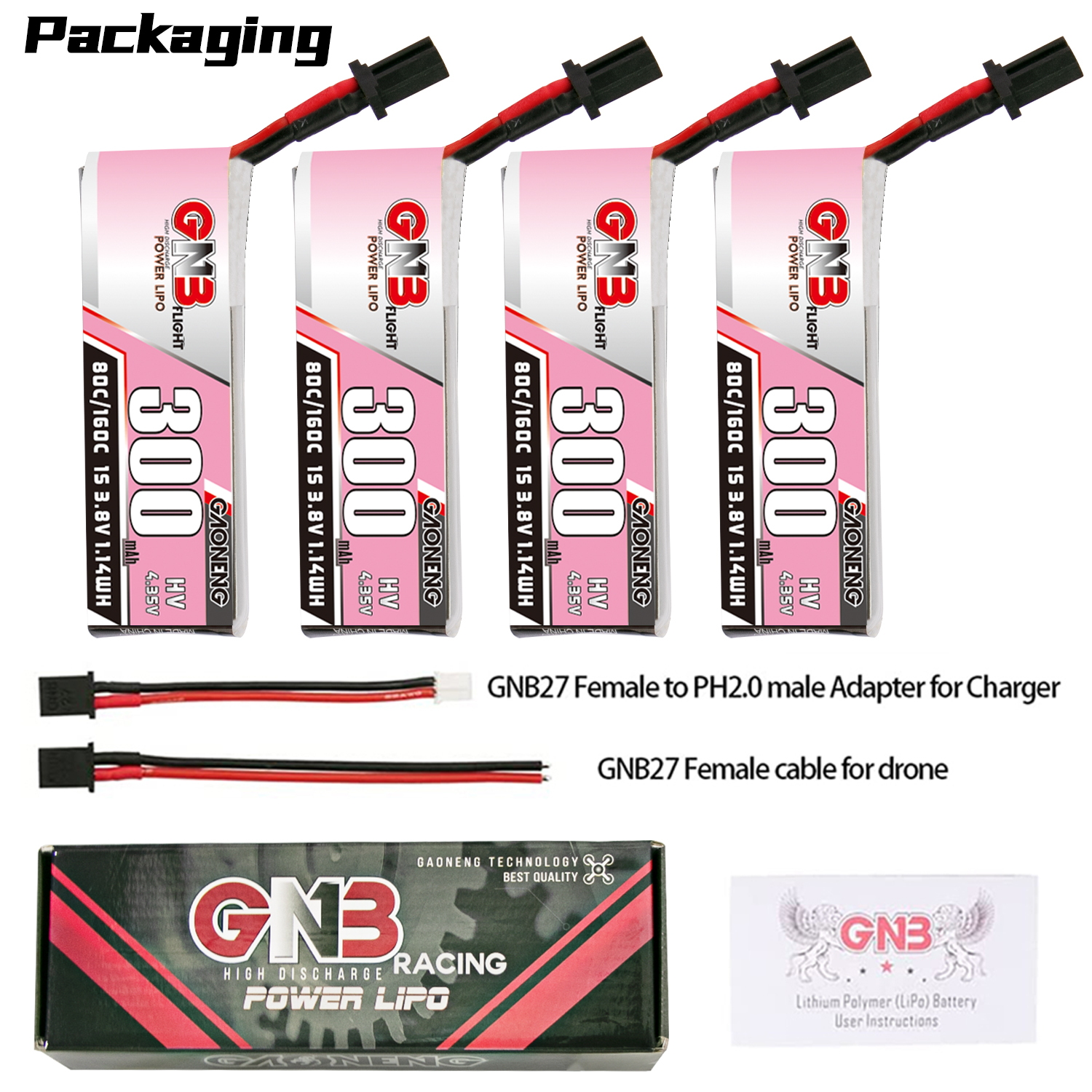 4PCS - GAONENG GNB LiHV 1S 3.8V 300mAh 80C GNB27 Cabled LiPo Battery