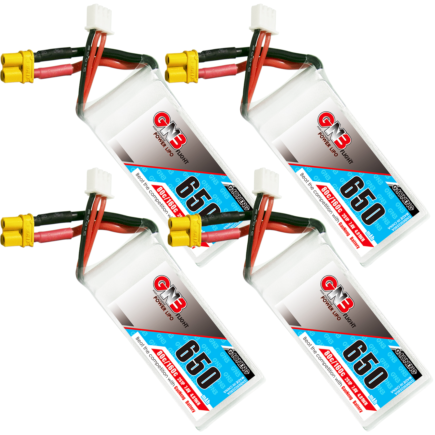 4PCS - GAONENG GNB 2S 7.4V 650mAh 80C XT30 LiPo Battery