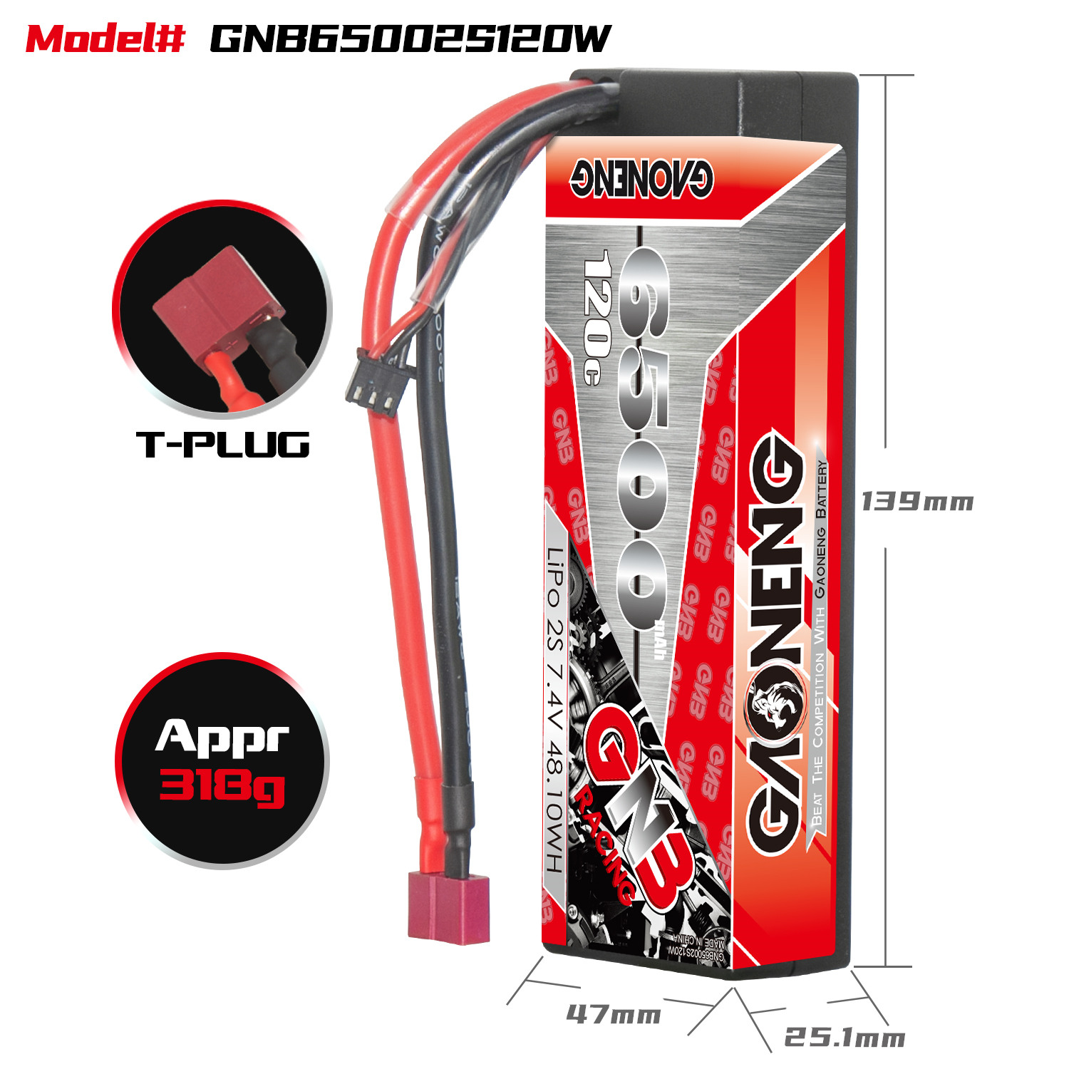 1PC - GAONENG GNB 2S 7.4V 6500mAh 120C Cabled Hard Case LiPo Battery T-PLUG