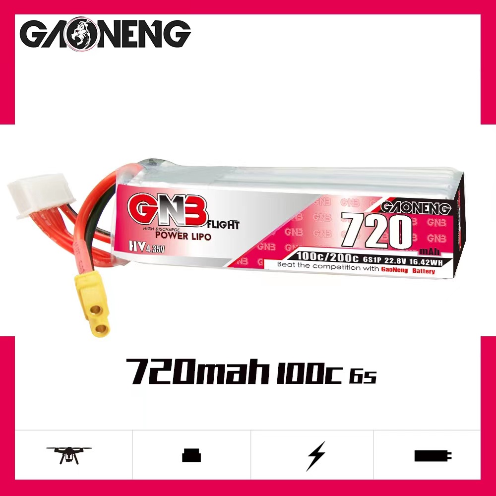 2PCS - GAONENG GNB LiHV 6S 22.8V 720mAh 100C XT30 LiPo Battery Long Type