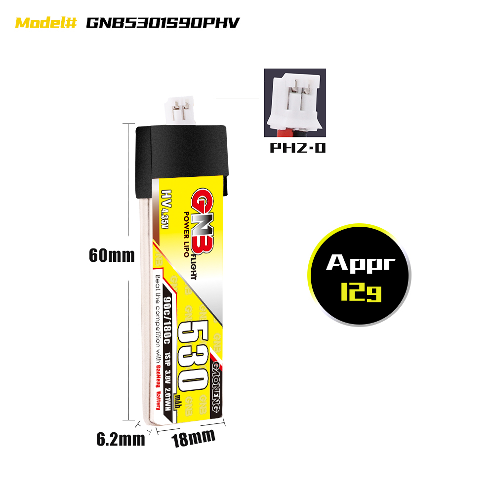 4PCS - GAONENG GNB LiHV 1S 3.8V 530mAh 90C PH2.0 Plastic Head LiPo Battery