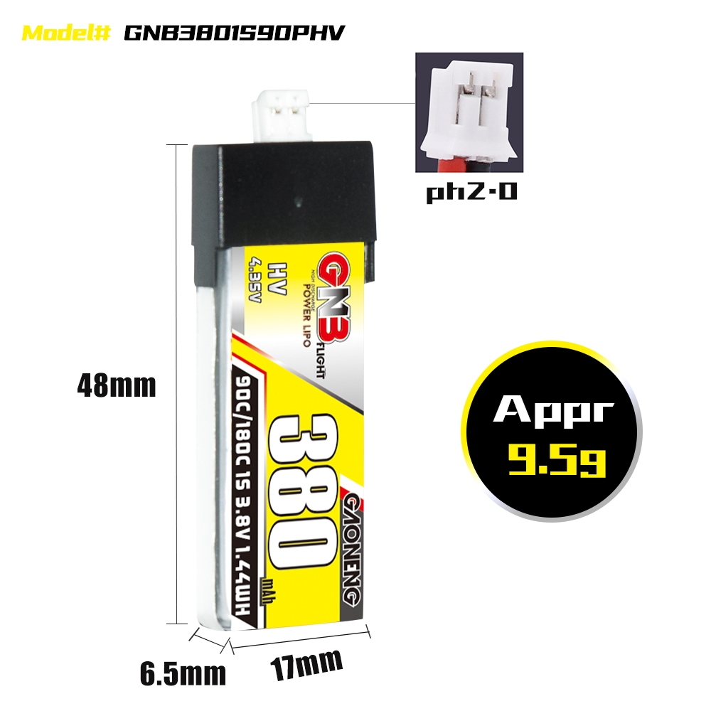 GAONENG GNB LiHV 1S 3.8V 380mAh 90C PH2.0 Plastic Head LiPo Battery