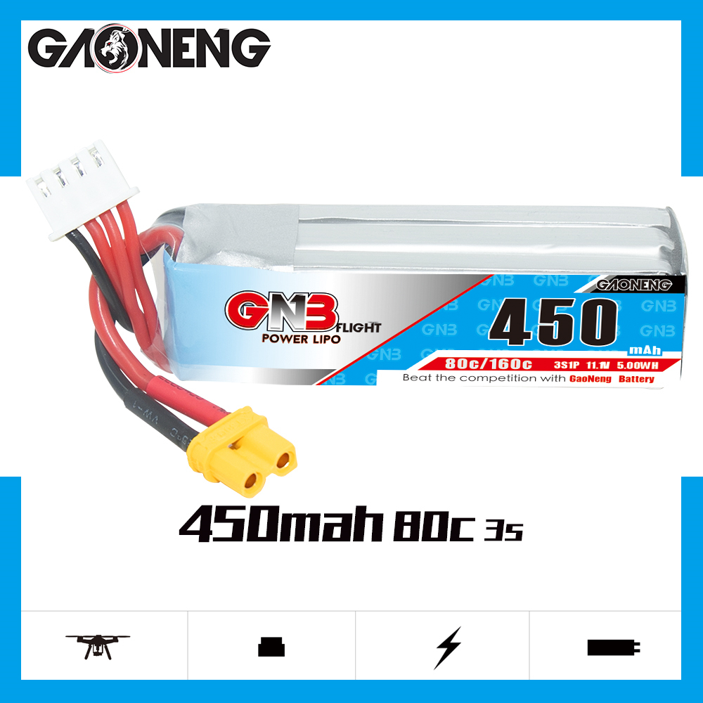 2PCS - GAONENG GNB 3S 11.1V 450mAh 80C XT30 LiPo Battery Long Type