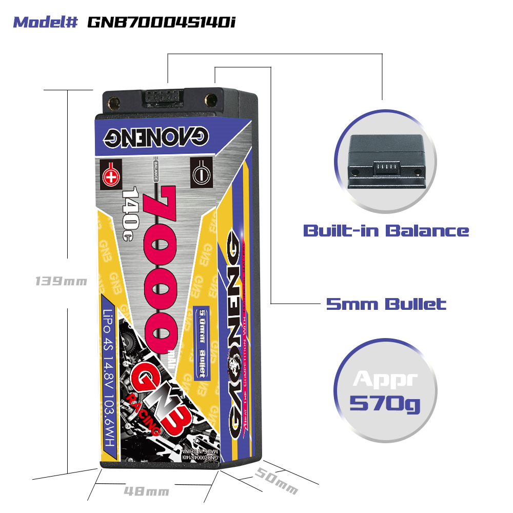 GAONENG GNB 4S 14.8V 7000mAh 140C 5mm Bullet Hard Case LiPo Battery