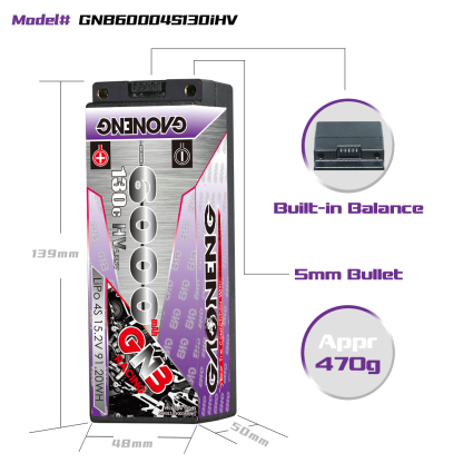 GAONENG GNB LiHV 4S 15.2V 6000mAh 130C 5mm Bullet Hard Case LiPo Battery
