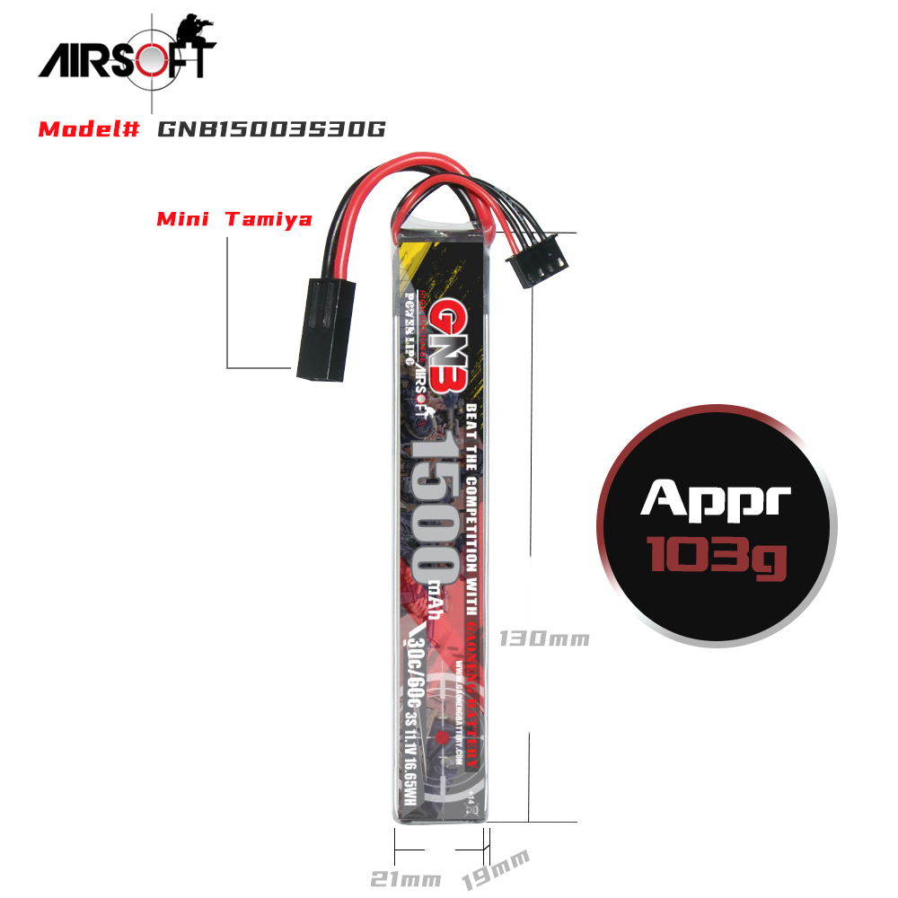 2PCS - GAONENG GNB 3S 11.1V 1500mAh 30C Mini Tamiya LiPo Battery for AirSoft 
