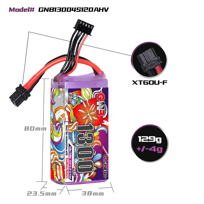 2PCS - GAONENG GNB LiHV 4S 15.2V 1300mAh 120C XT60 LiPo Battery