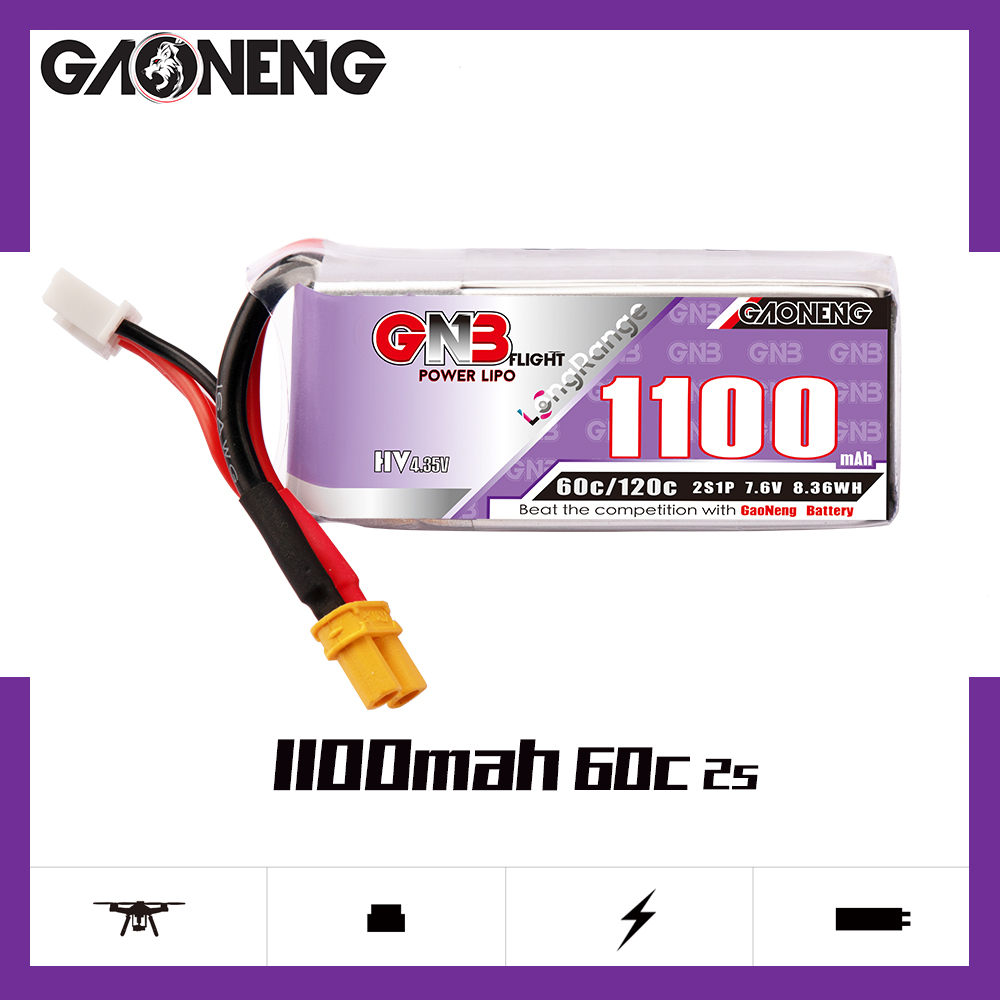 2PCS - GAONENG GNB LiHV 2S 7.6V 1100mAh 60C XT30 LiPo Battery