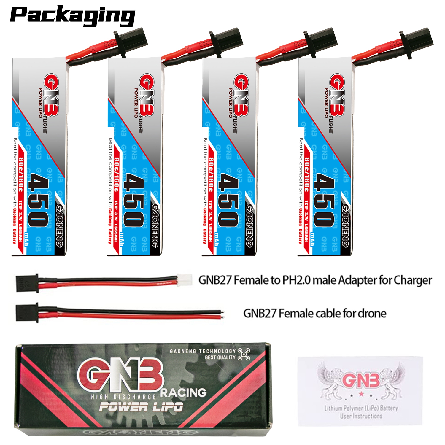 GAONENG GNB 1S 3.7V 450mAh 80C GNB27 Cabled LiPo Battery Long Type