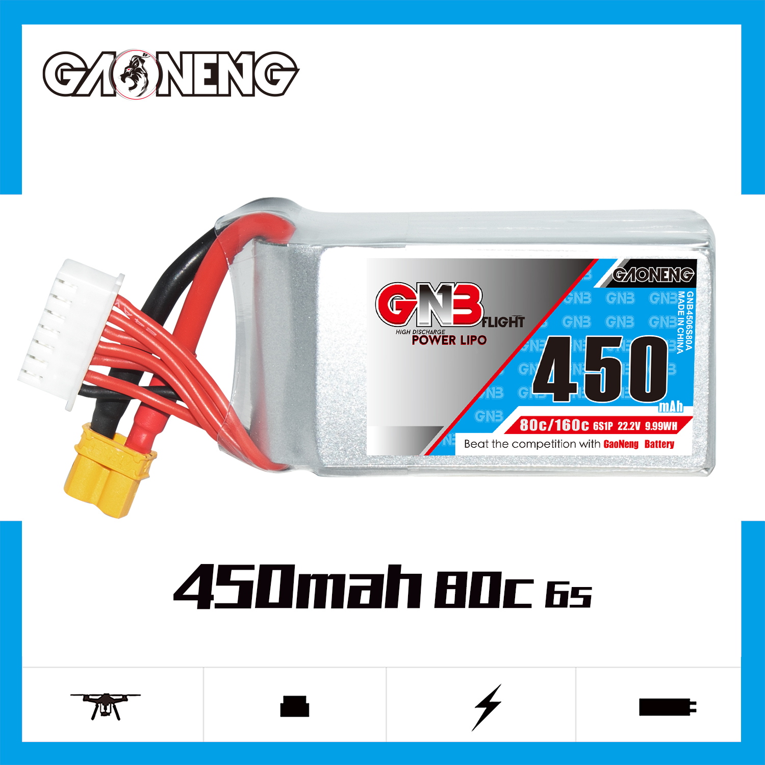 GAONENG GNB 6S 22.2V 450mAh 80C XT30 LiPo Battery