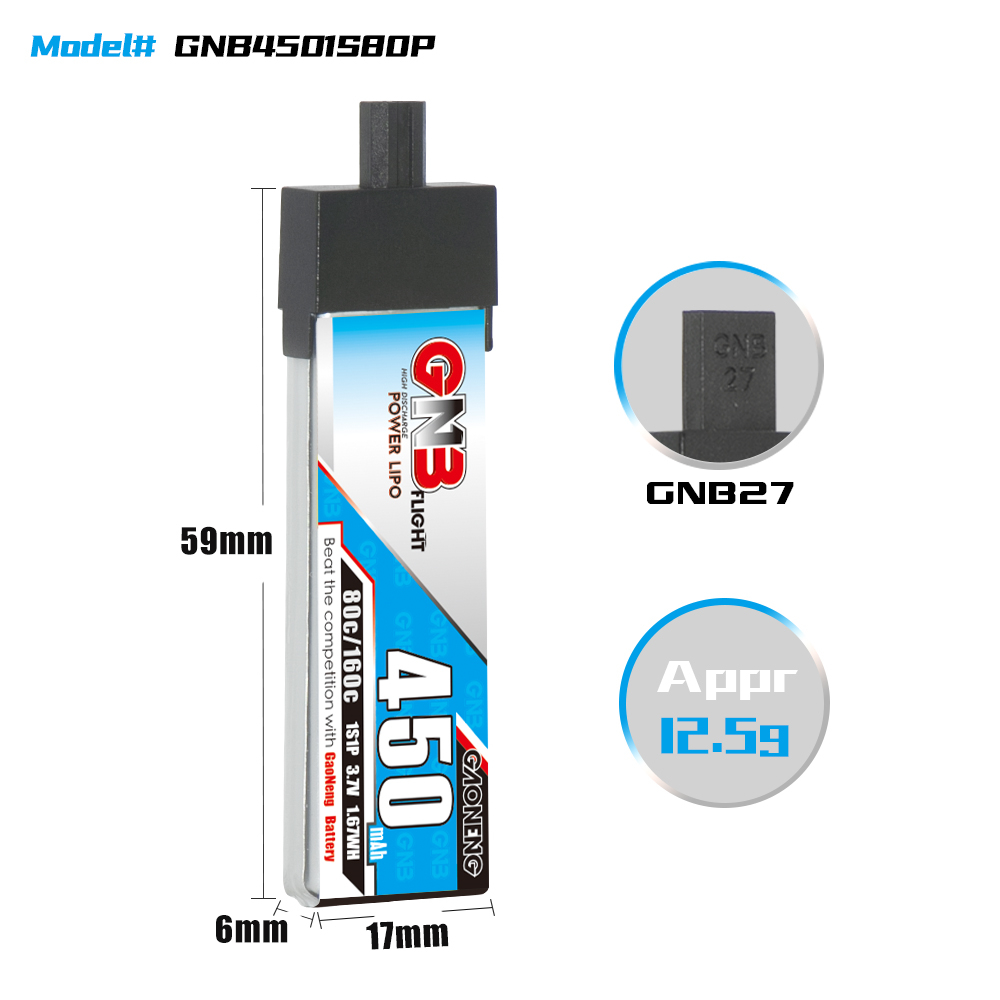 GAONENG GNB 1S 3.7V 450mAh 80C GNB27 Plastic Head LiPo Battery Long Type