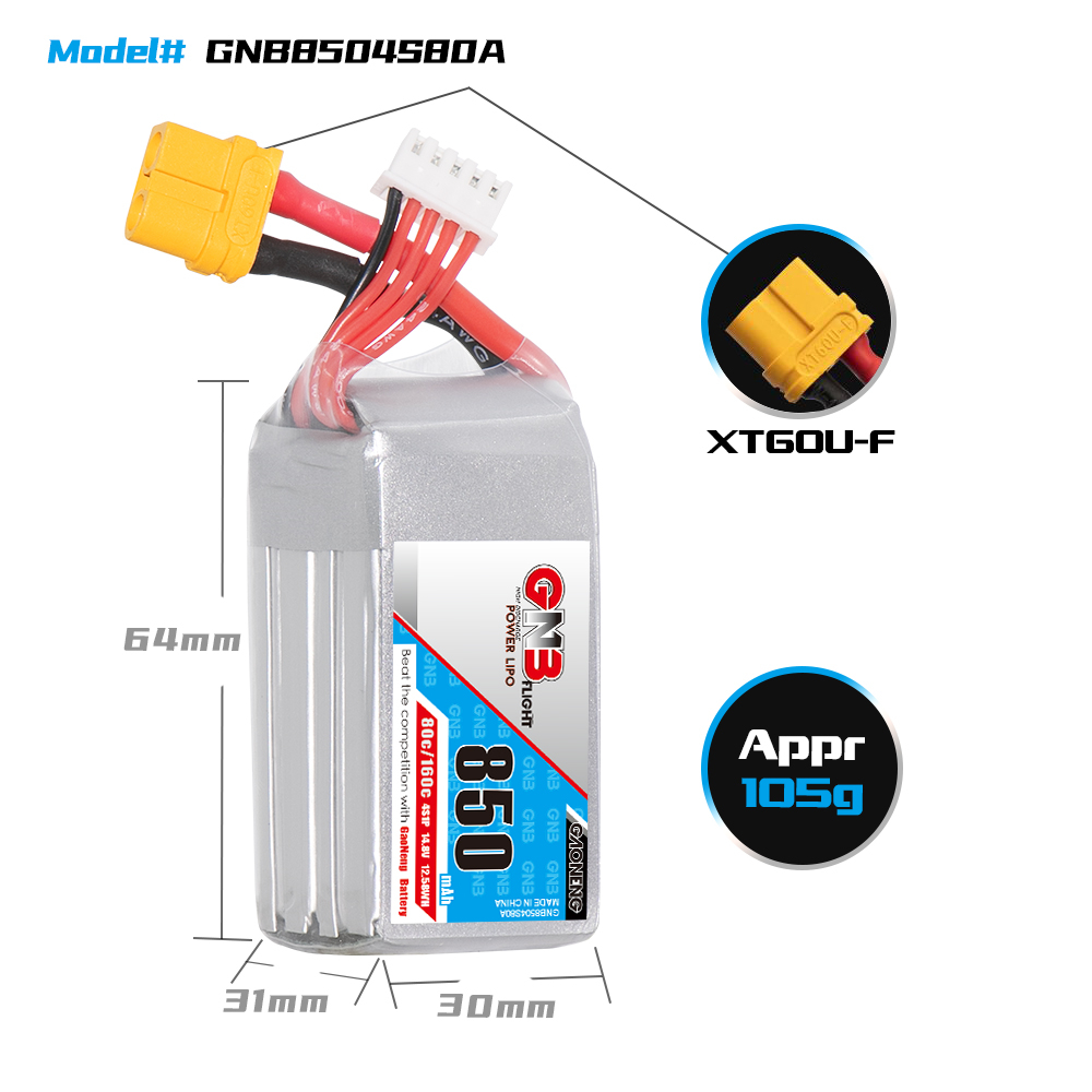 GAONENG GNB 4S 14.8V 850mAh 80C XT60 LiPo Battery