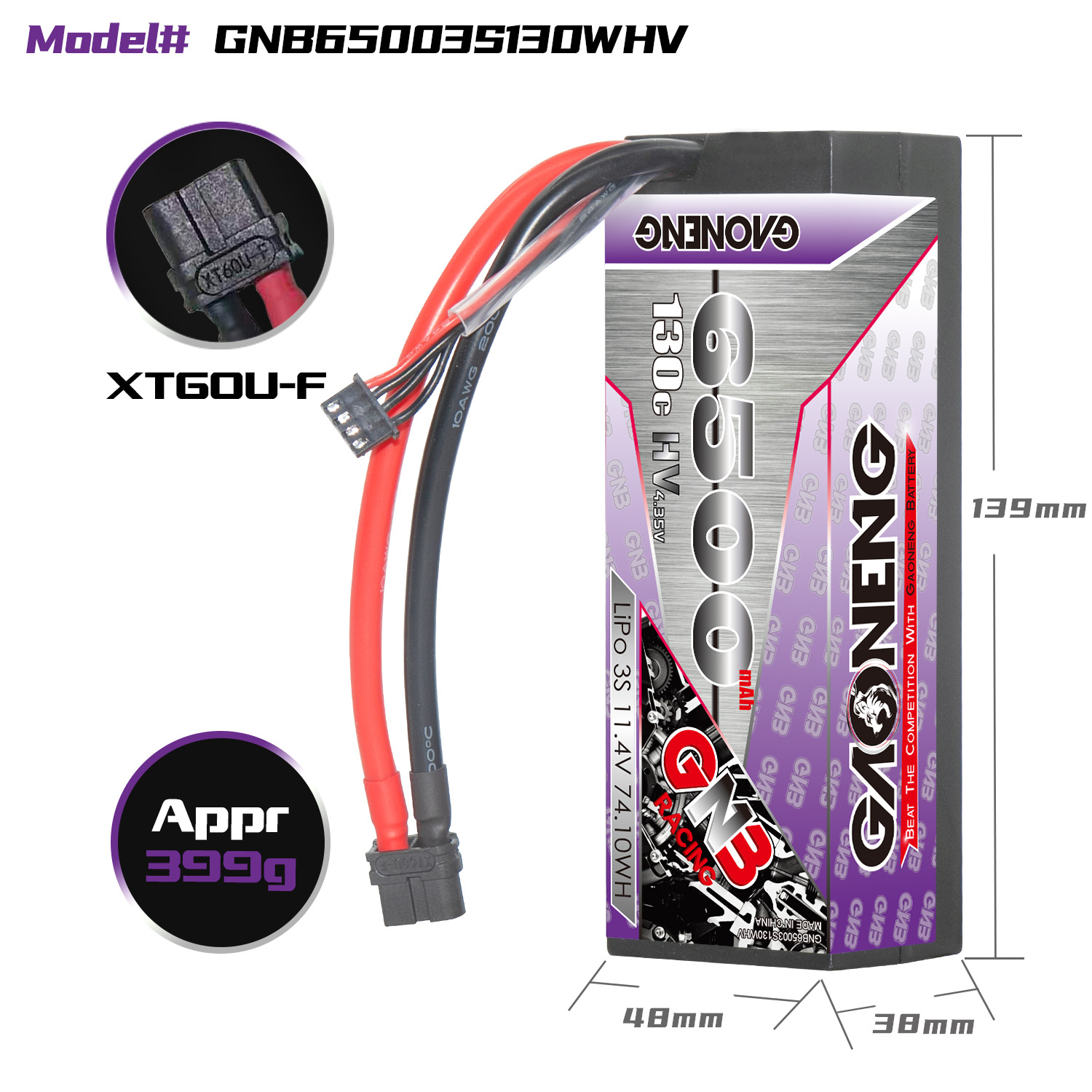 GAONENG GNB LiHV 3S 11.4V 6500mAh 130C Cabled Hard Case LiPo Battery XT60