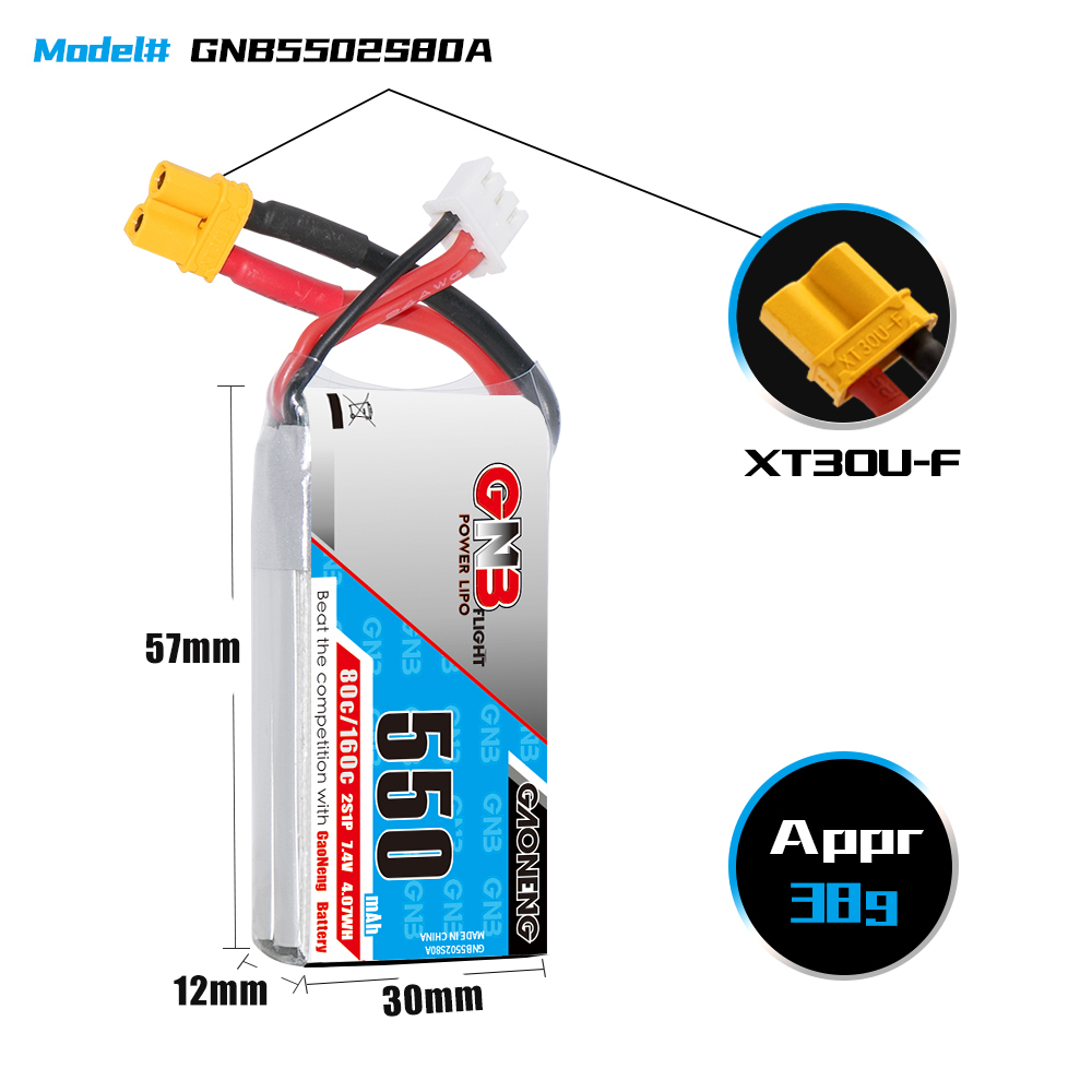 4PCS - GAONENG GNB 2S 7.4V 550mAh 80C XT30 LiPo Battery