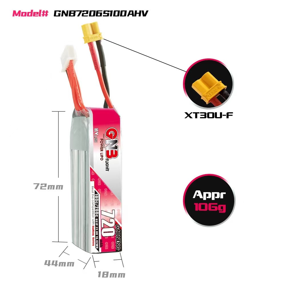 2PCS - GAONENG GNB LiHV 6S 22.8V 720mAh 100C XT30 LiPo Battery Long Type