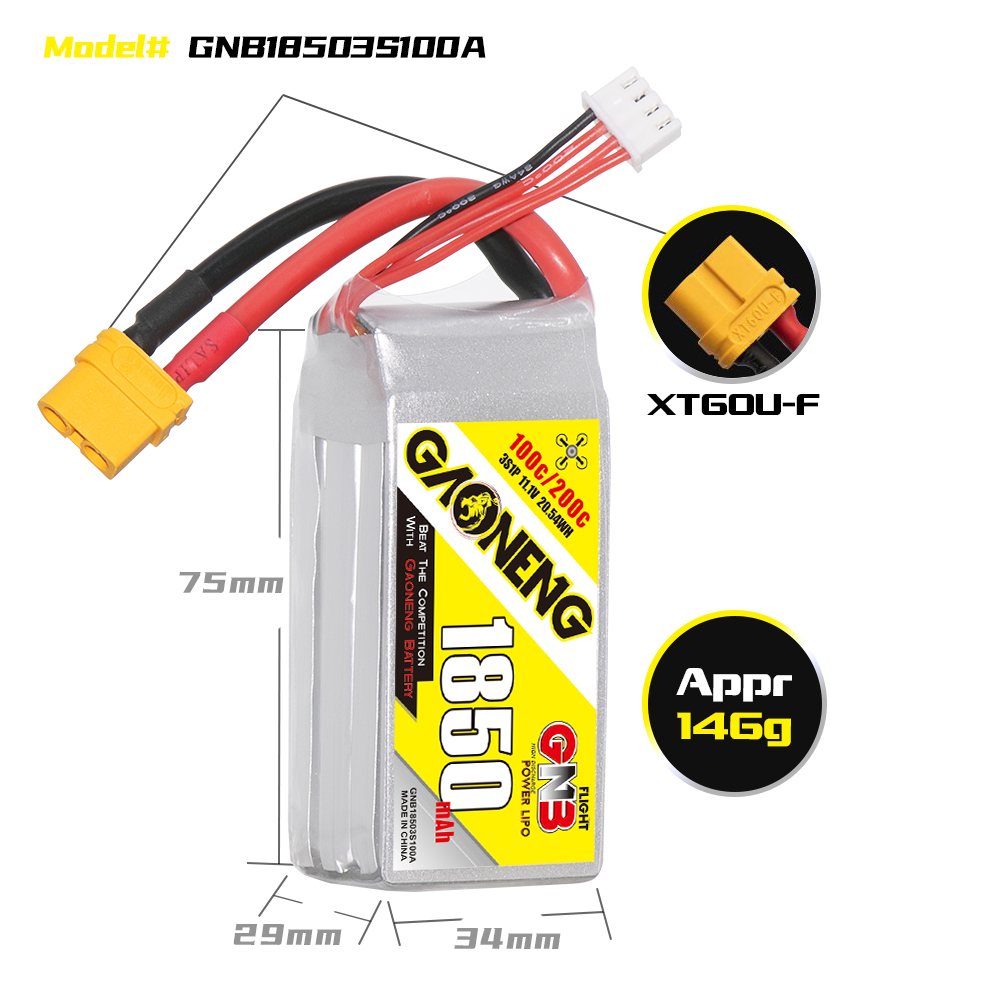 2PCS - GAONENG GNB 3S 11.1V 1850mAh 100C XT60 LiPo Battery