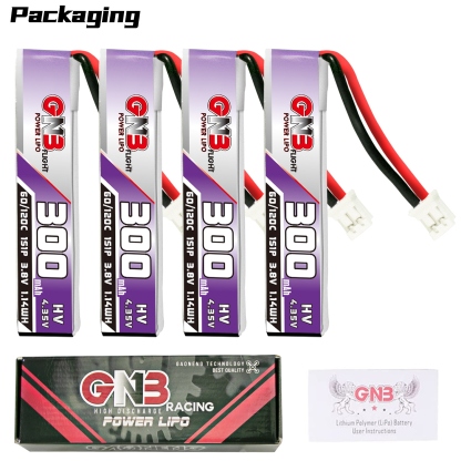 4PCS - GAONENG GNB LiHV 1S 3.8V 300mAh 60C PH2.0 Cabled LiPo Battery