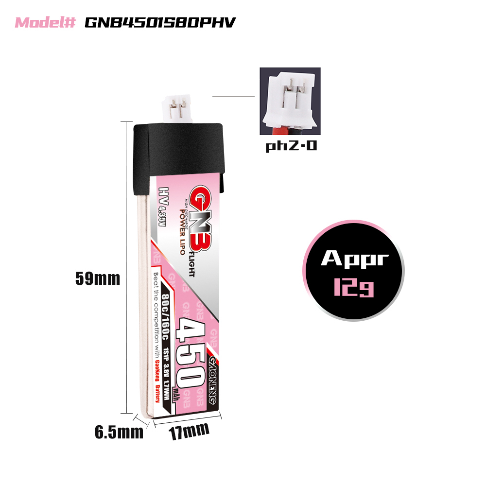 GAONENG GNB LiHV 1S 3.8V 450mAh 80C PH2.0 Plastic Head LiPo Battery