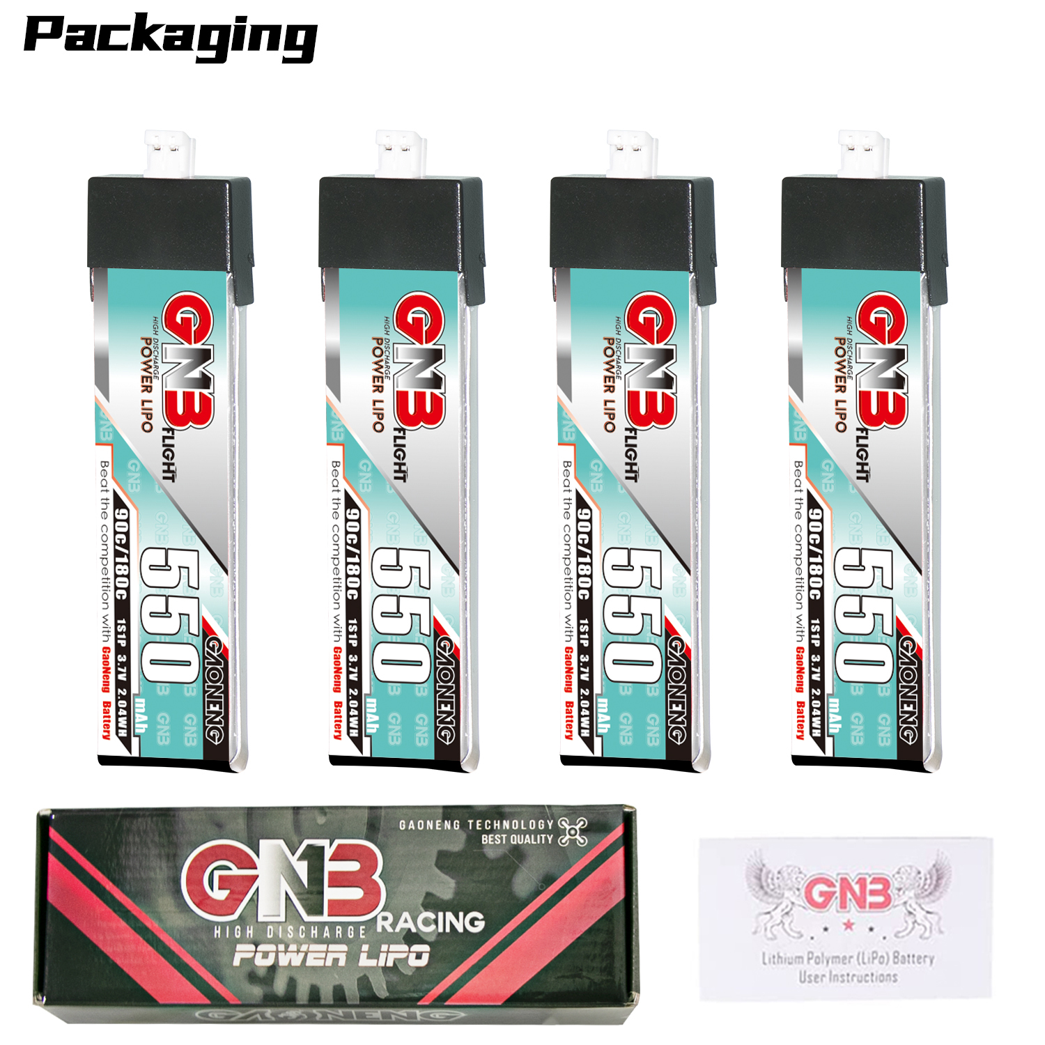 4PCS - GAONENG GNB 1S 3.7V 550mAh 90C PH2.0 Plastic Head LiPo Battery
