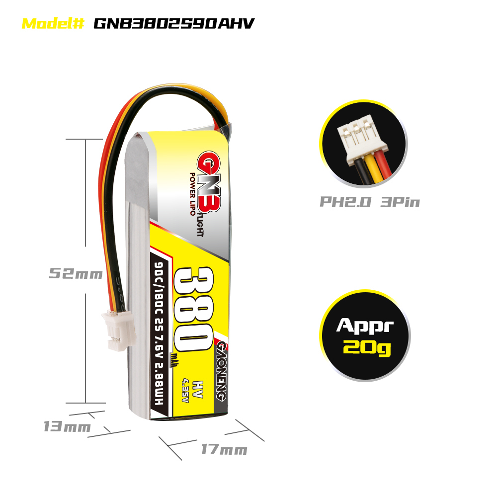 GAONENG GNB LiHV 2S 7.6V 380mAh 90C LiPo Battery PH2.0 3Pin Connector