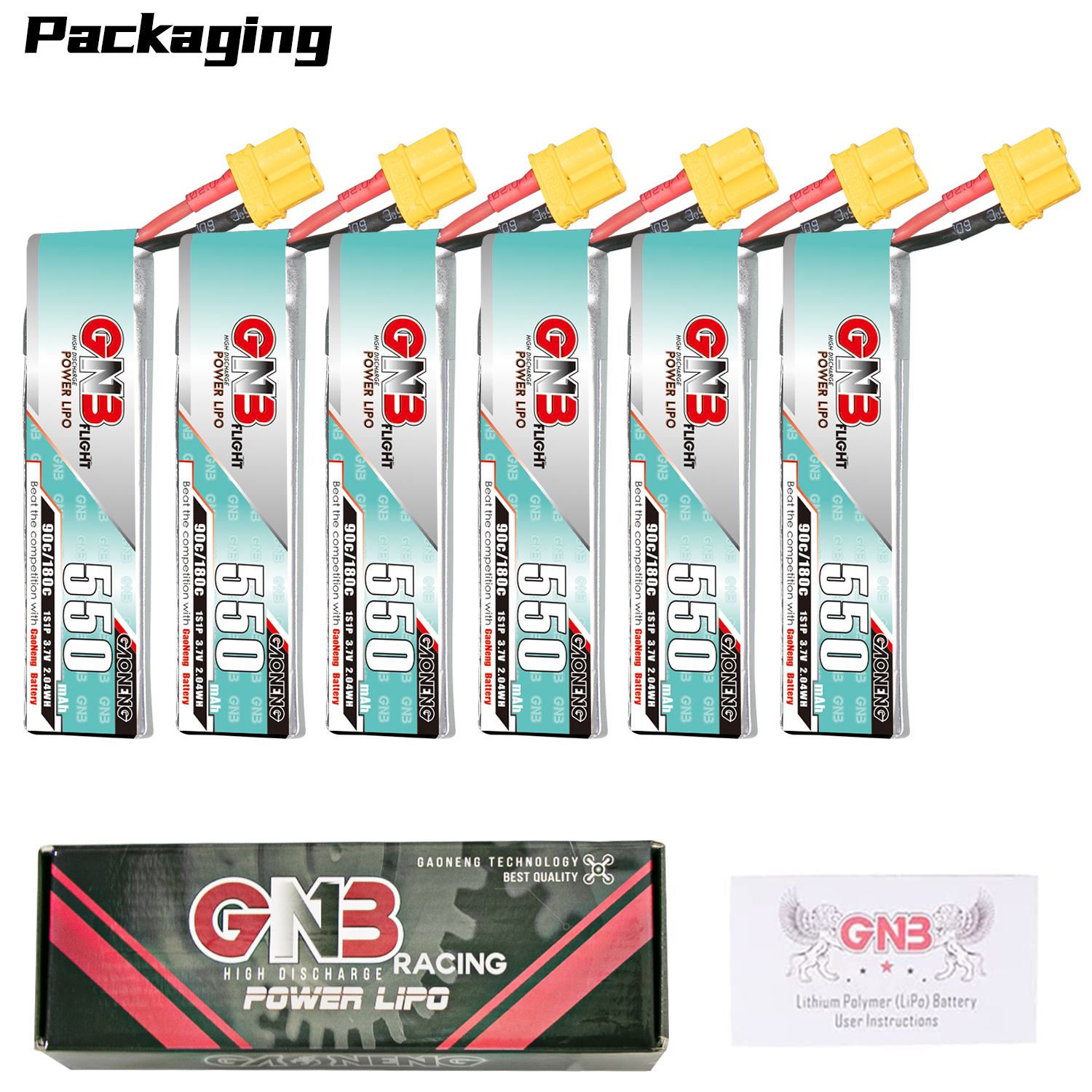 GAONENG GNB 1S 3.7V 550mAh 90C XT30 Cabled LiPo Battery Long Type