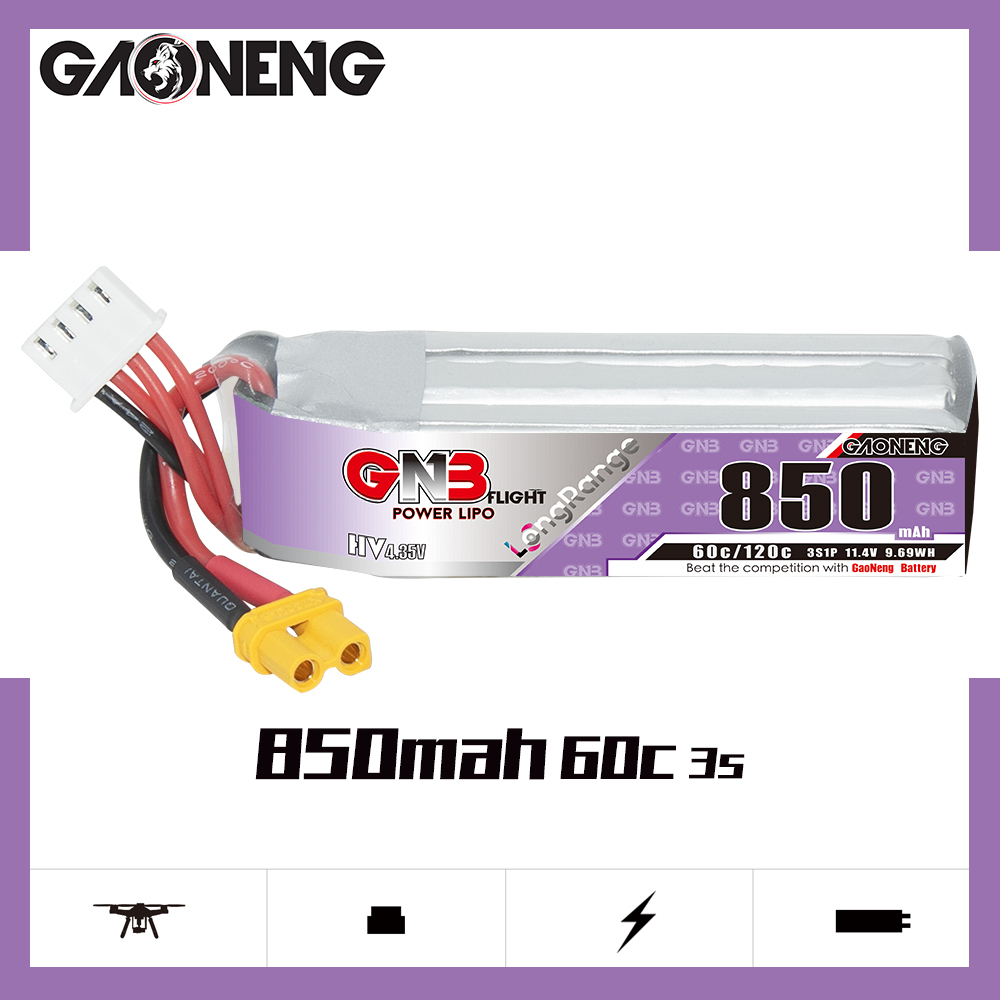 2PCS - GAONENG GNB LiHV 3S 11.4V 850mAh 60C XT30 LiPo Battery