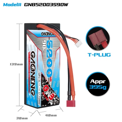 GAONENG GNB 3S 11.1V 5200mAh 90C Cabled Hard Case LiPo Battery T-PLUG