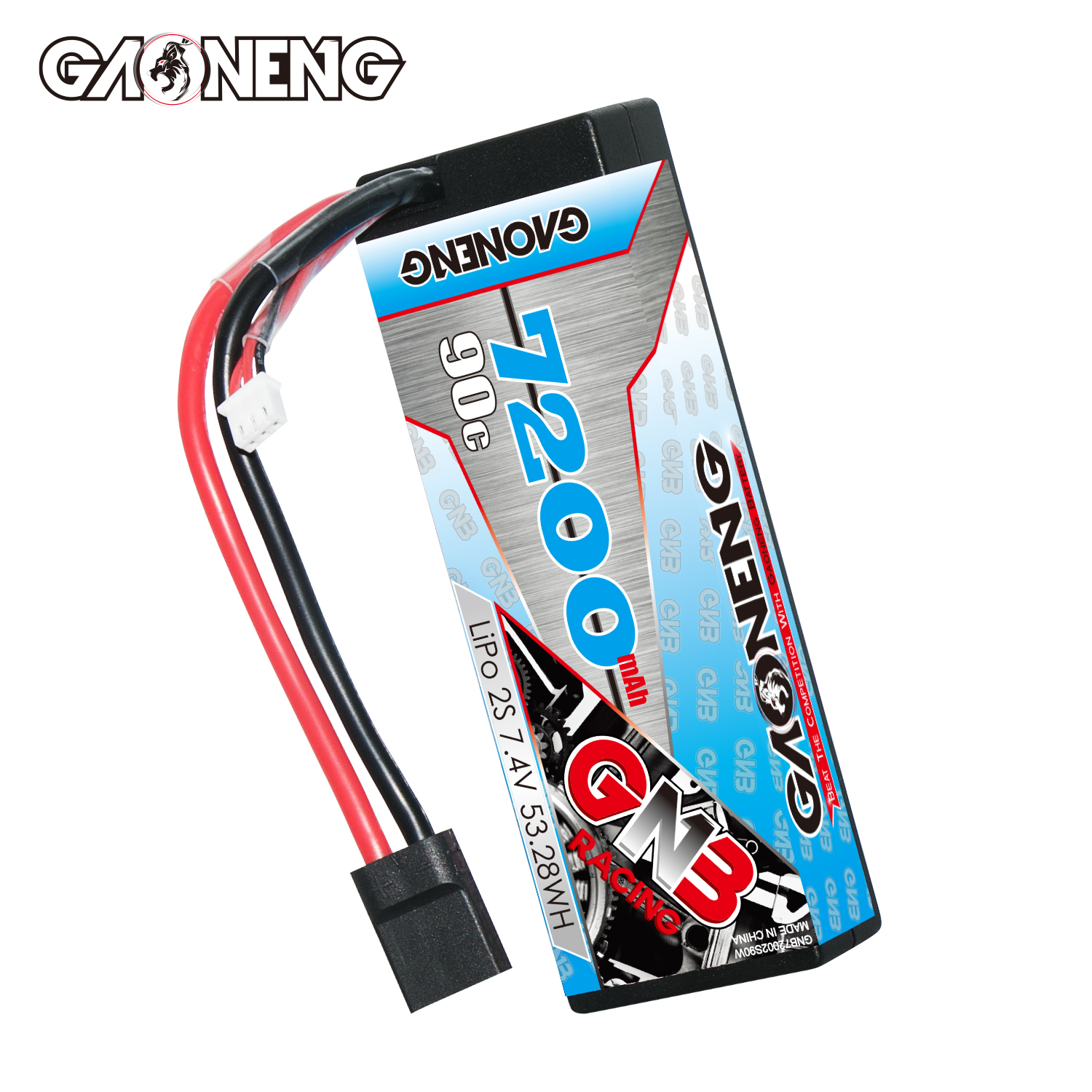 1PC - GAONENG GNB 2S 7.4V 7200mAh 90C Cabled Hard Case LiPo Battery TRX