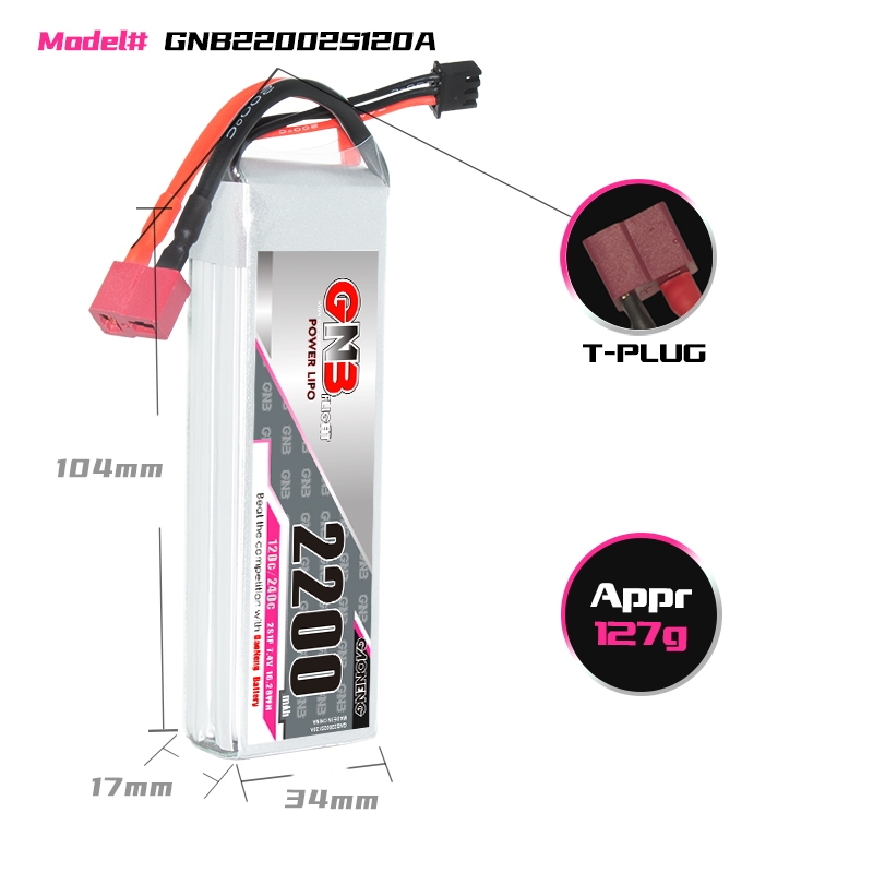 2PCS - GAONENG GNB 2S 7.4V 2200mAh 120C LiPo Battery T-Plug