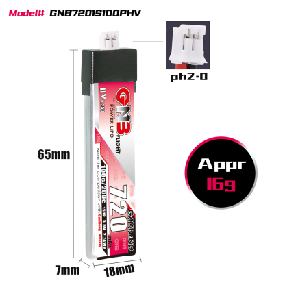 GAONENG GNB LiHV 1S 3.8V 720mAh 100C PH2.0 Plastic Head LiPo Battery