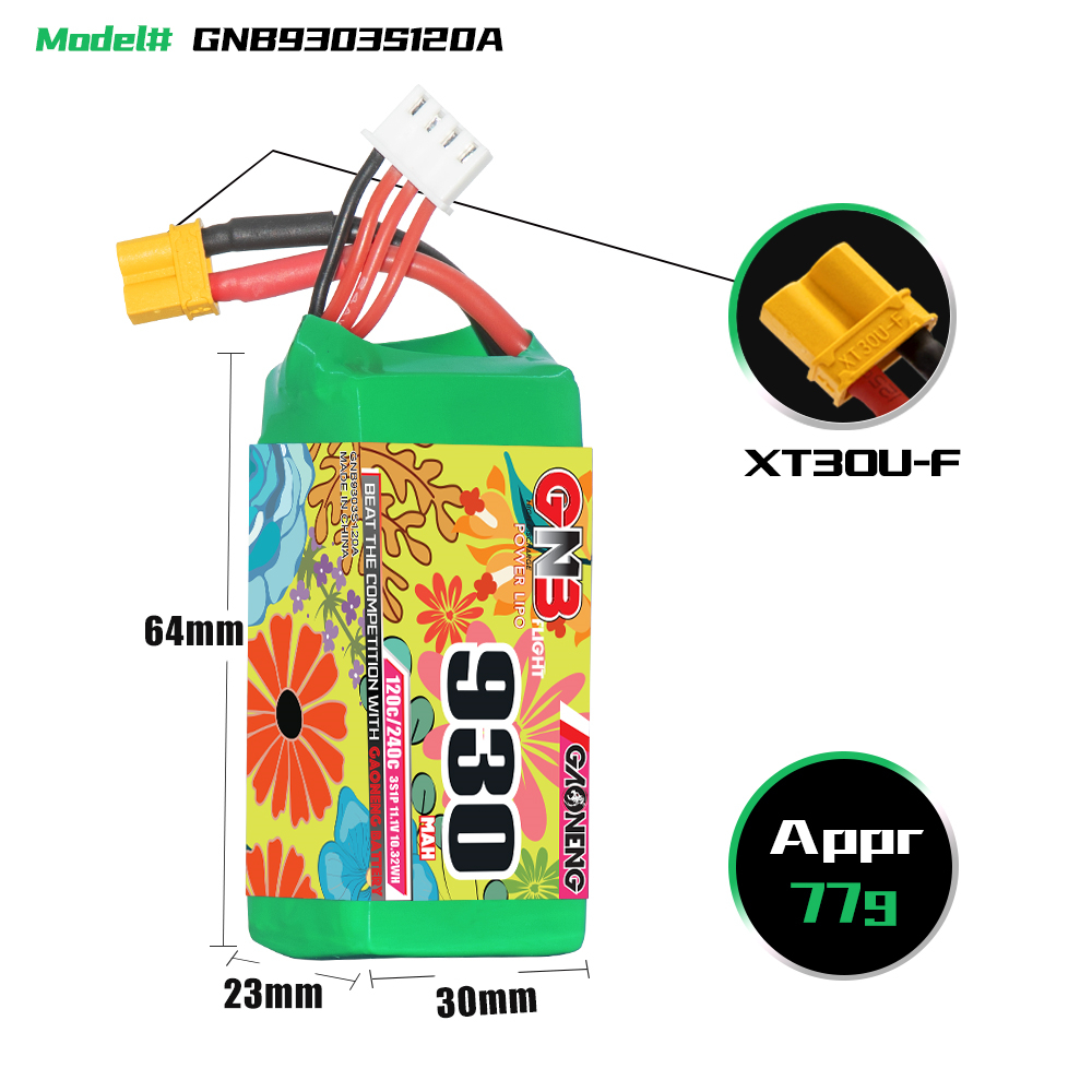 GAONENG GNB 3S 11.1V 930mAh 120C XT30 LiPo Battery