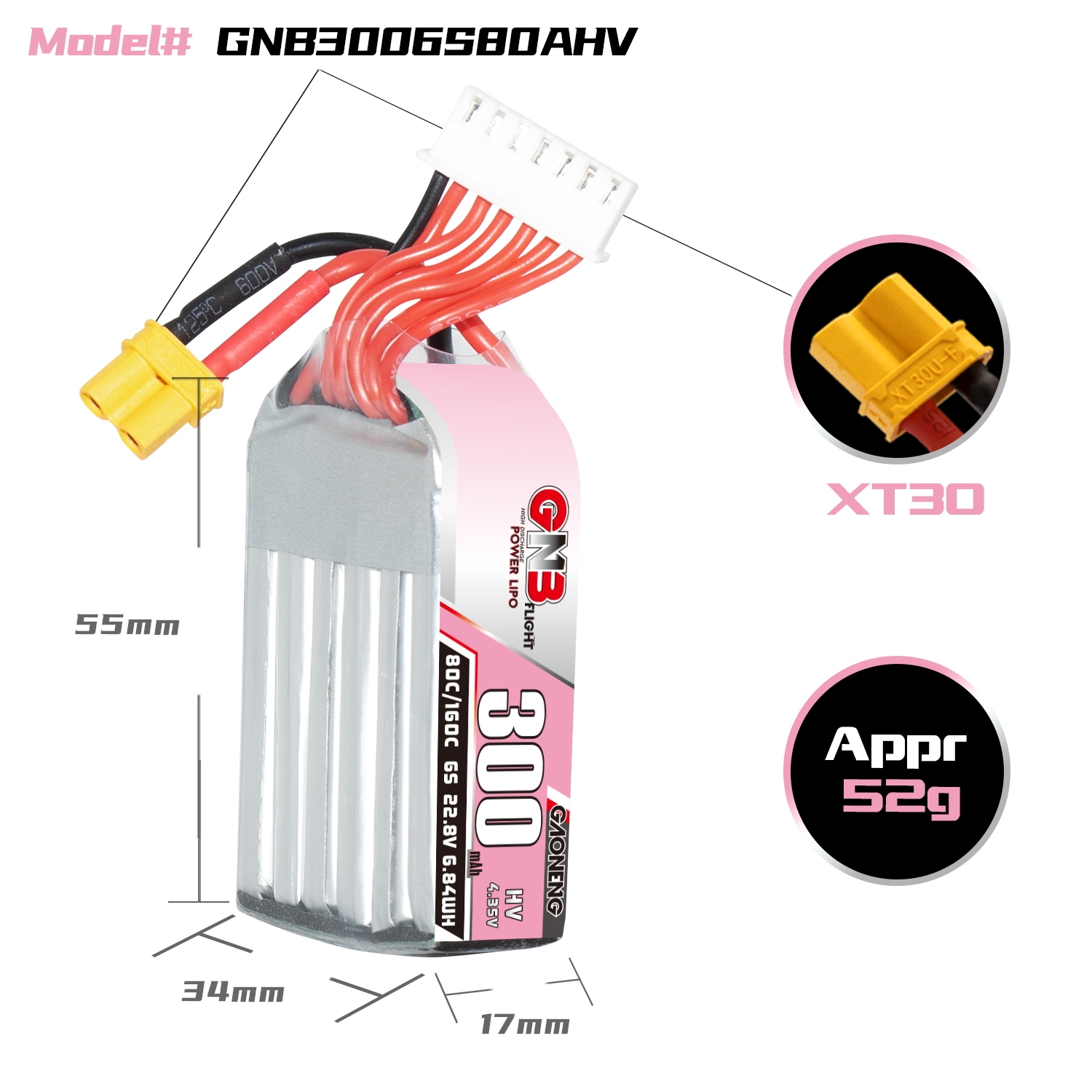 GAONENG GNB LiHV 6S 22.8V 300mAh 80C XT30 LiPo Battery