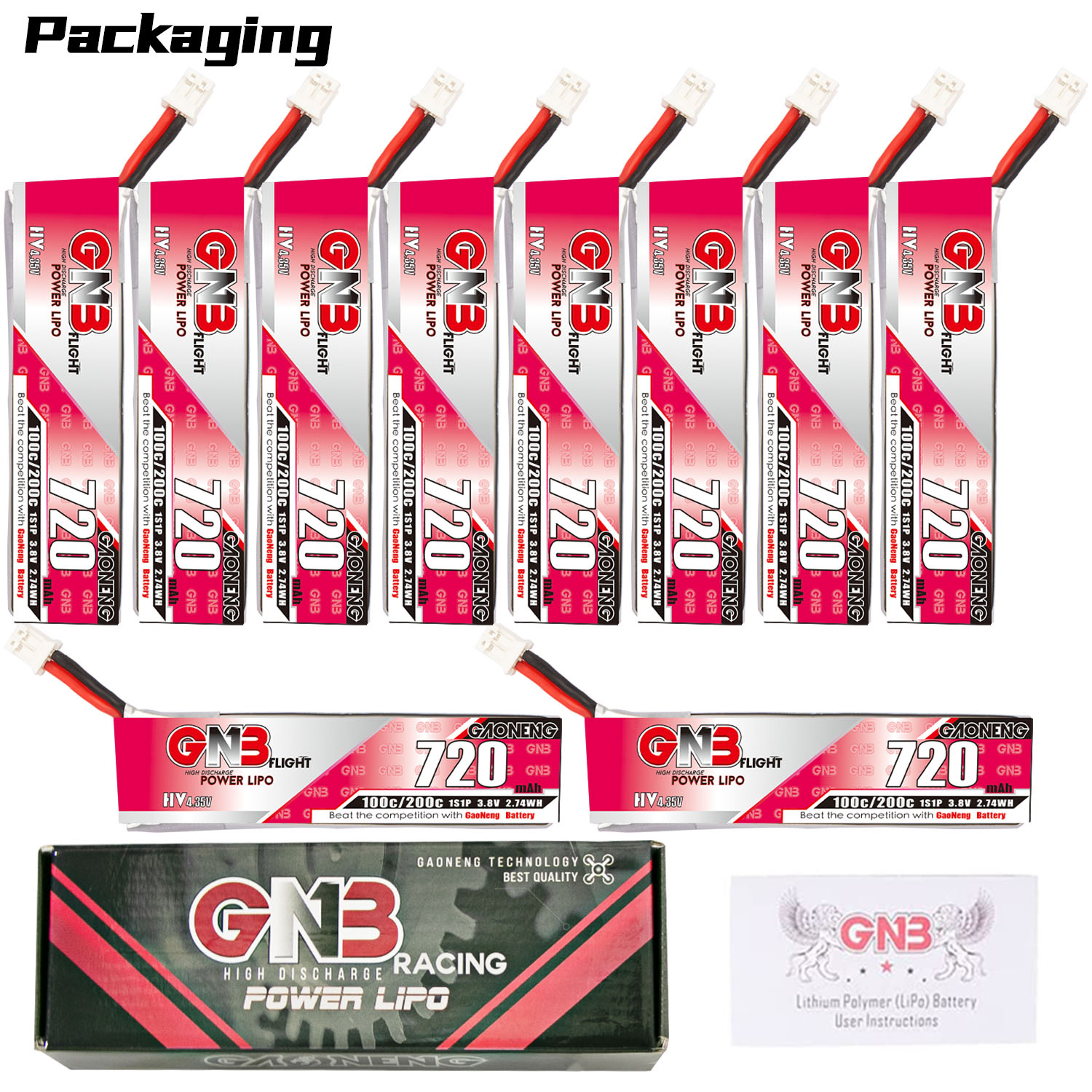GAONENG GNB LiHV 1S 3.8V 720mAh 100C PH2.0 Cabled LiPo Battery
