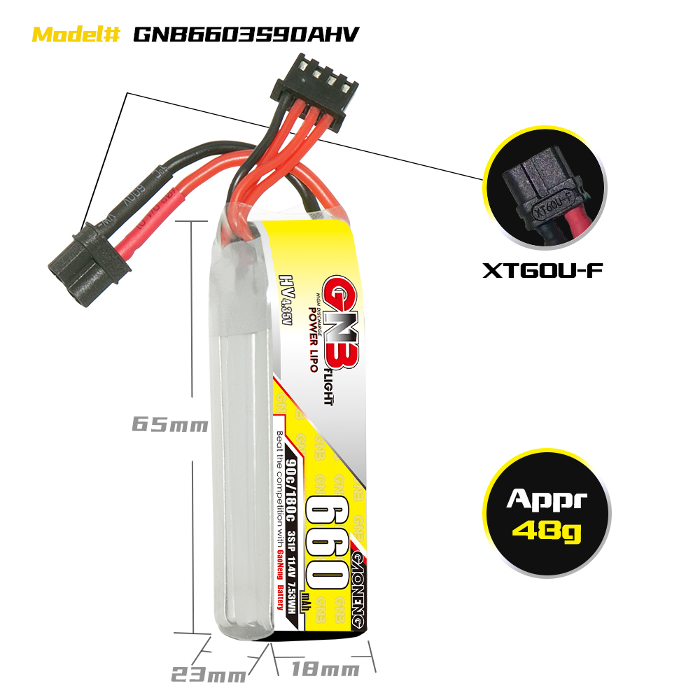 2PCS - GAONENG GNB LiHV 3S 11.4V 660mAh 90C XT30 LiPo Battery