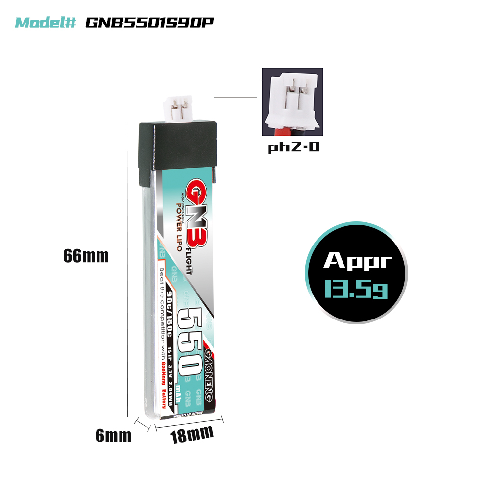 4PCS - GAONENG GNB 1S 3.7V 550mAh 90C PH2.0 Plastic Head LiPo Battery