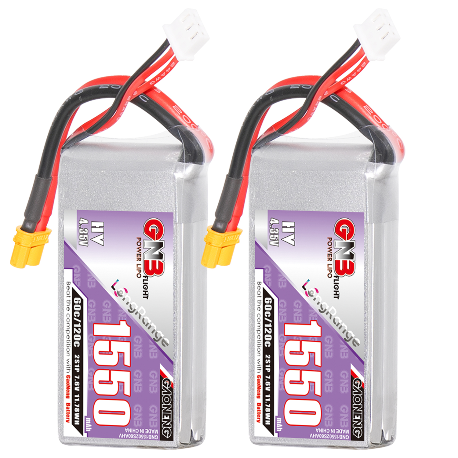 2PCS - GAONENG GNB LiHV 2S 7.6V 1550mAh 60C XT30 LiPo Battery