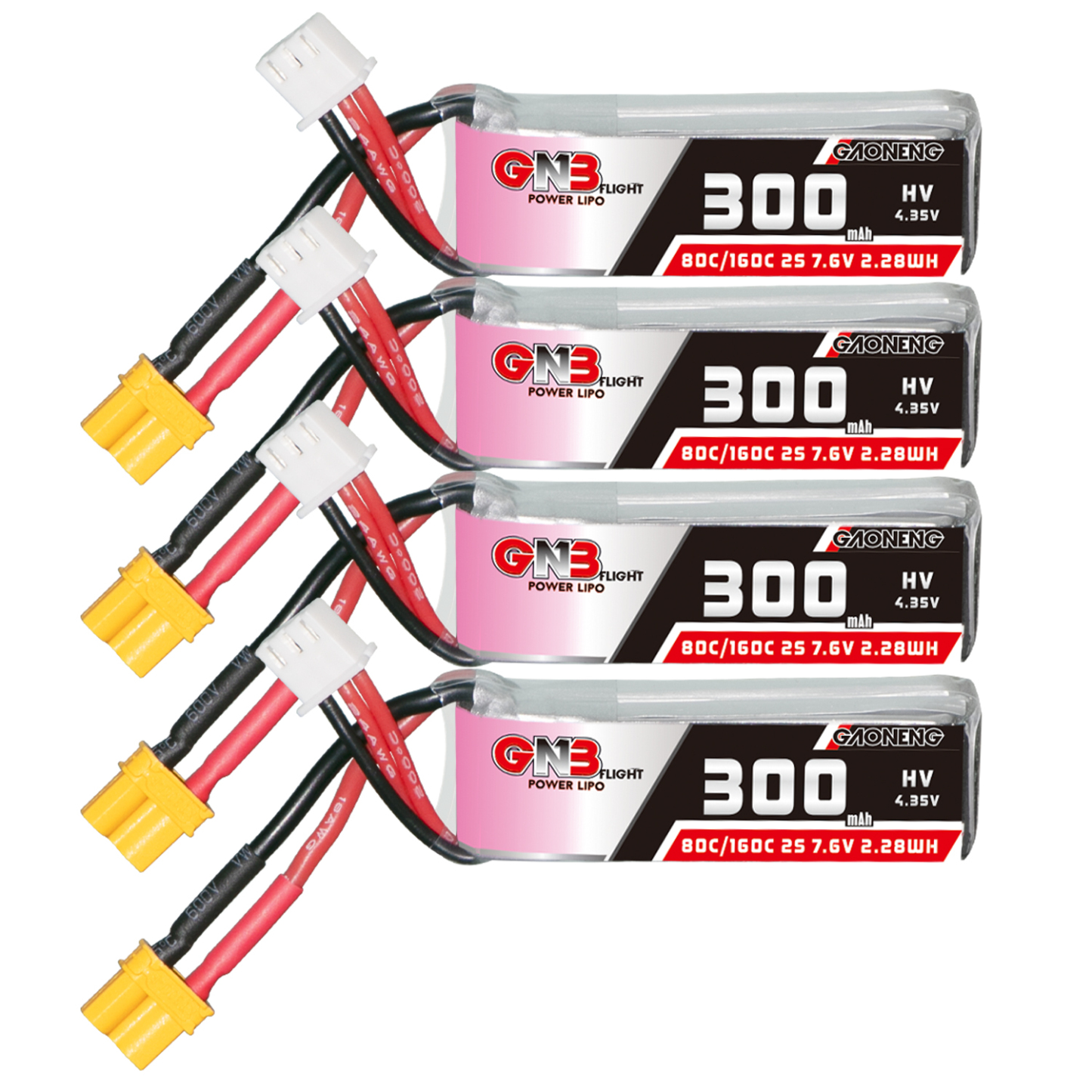 4PCS - GAONENG GNB LiHV 2S 7.6V 300mAh 80C XT30 LiPo Battery