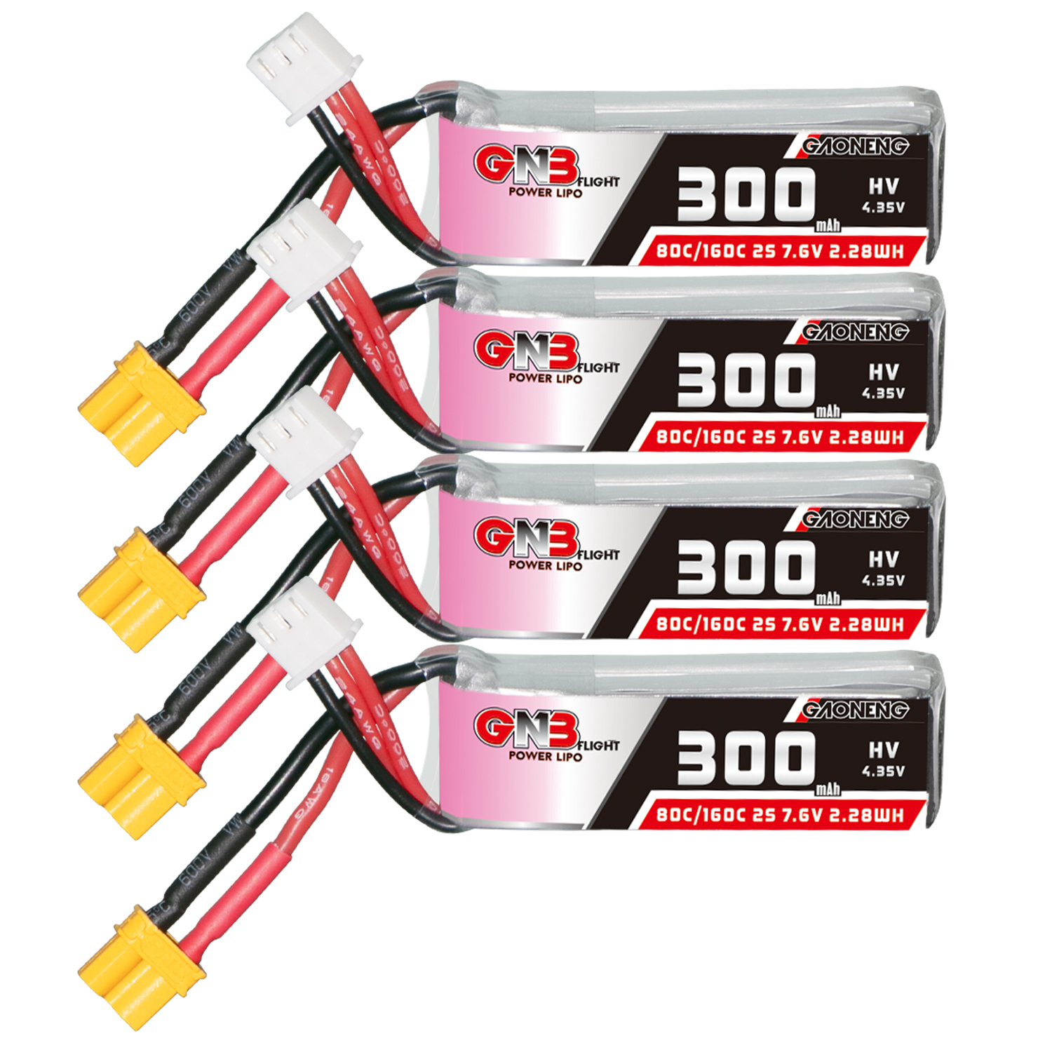 4PCS - GAONENG GNB LiHV 2S 7.6V 300mAh 80C XT30 LiPo Battery