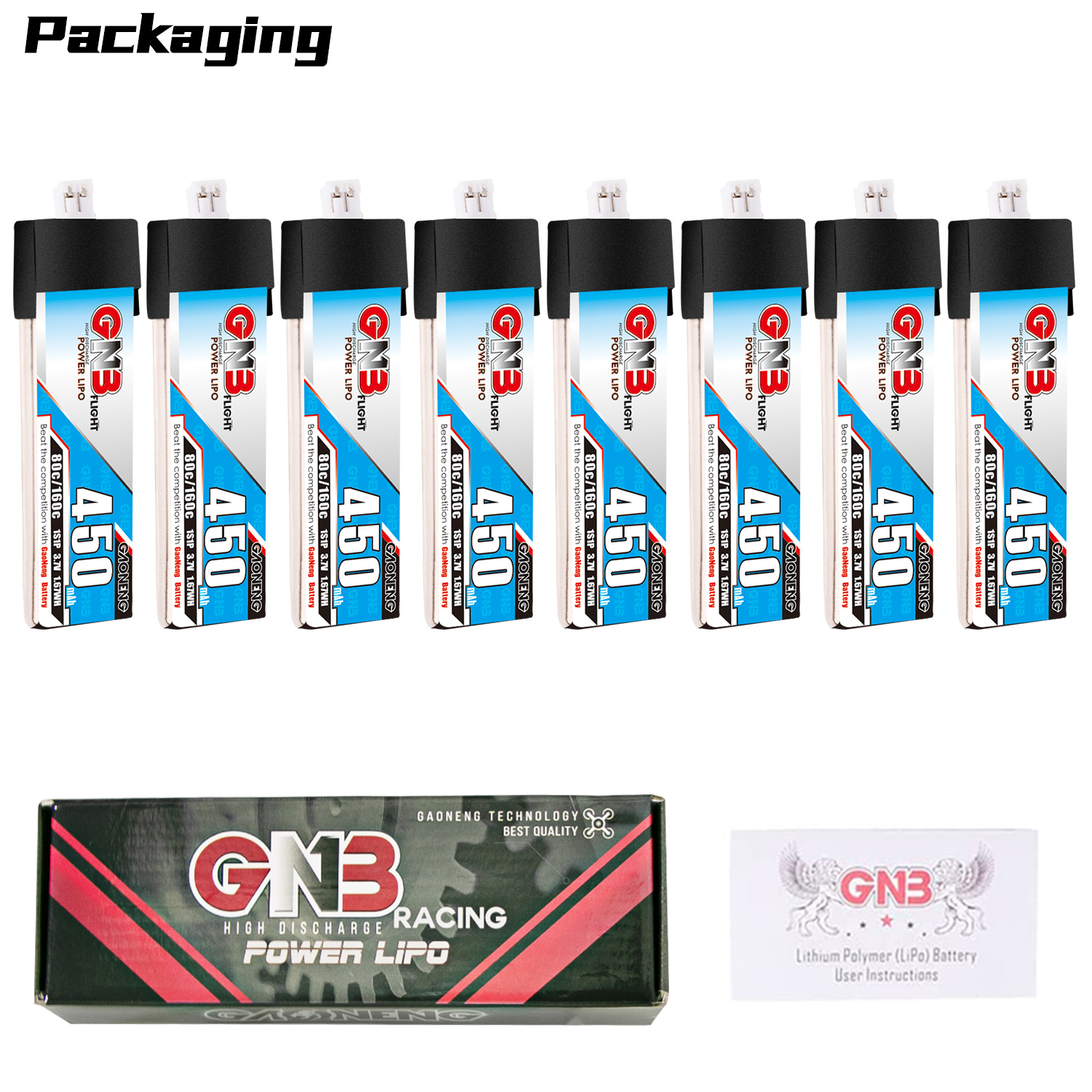 GAONENG GNB 1S 3.7V 450mAh 80C PH2.0 Plastic Head LiPo Battery Long Type