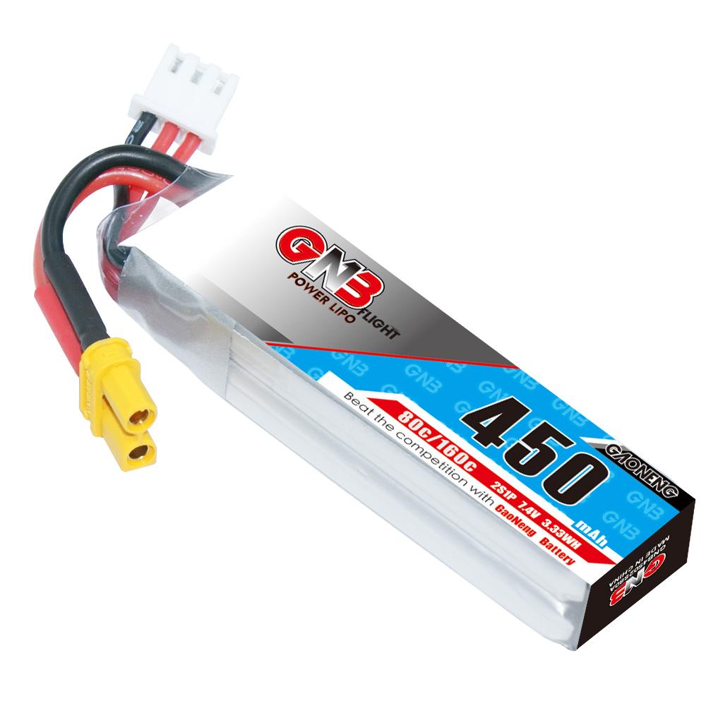 4PCS - GAONENG GNB 2S 7.4V 450mAh 80C XT30 LiPo Battery Long Type