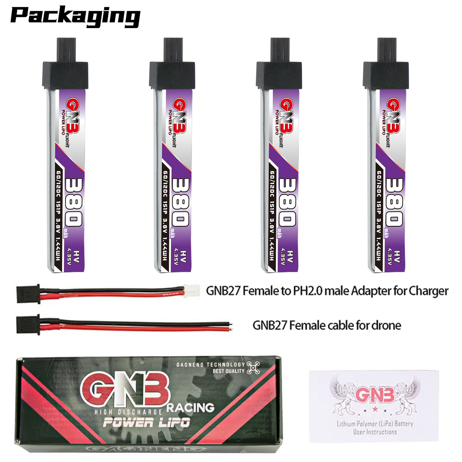 4PCS - GAONENG GNB LiHV 1S 3.8V 380mAh 60C GNB27 with Plastic Head LiPo Battery