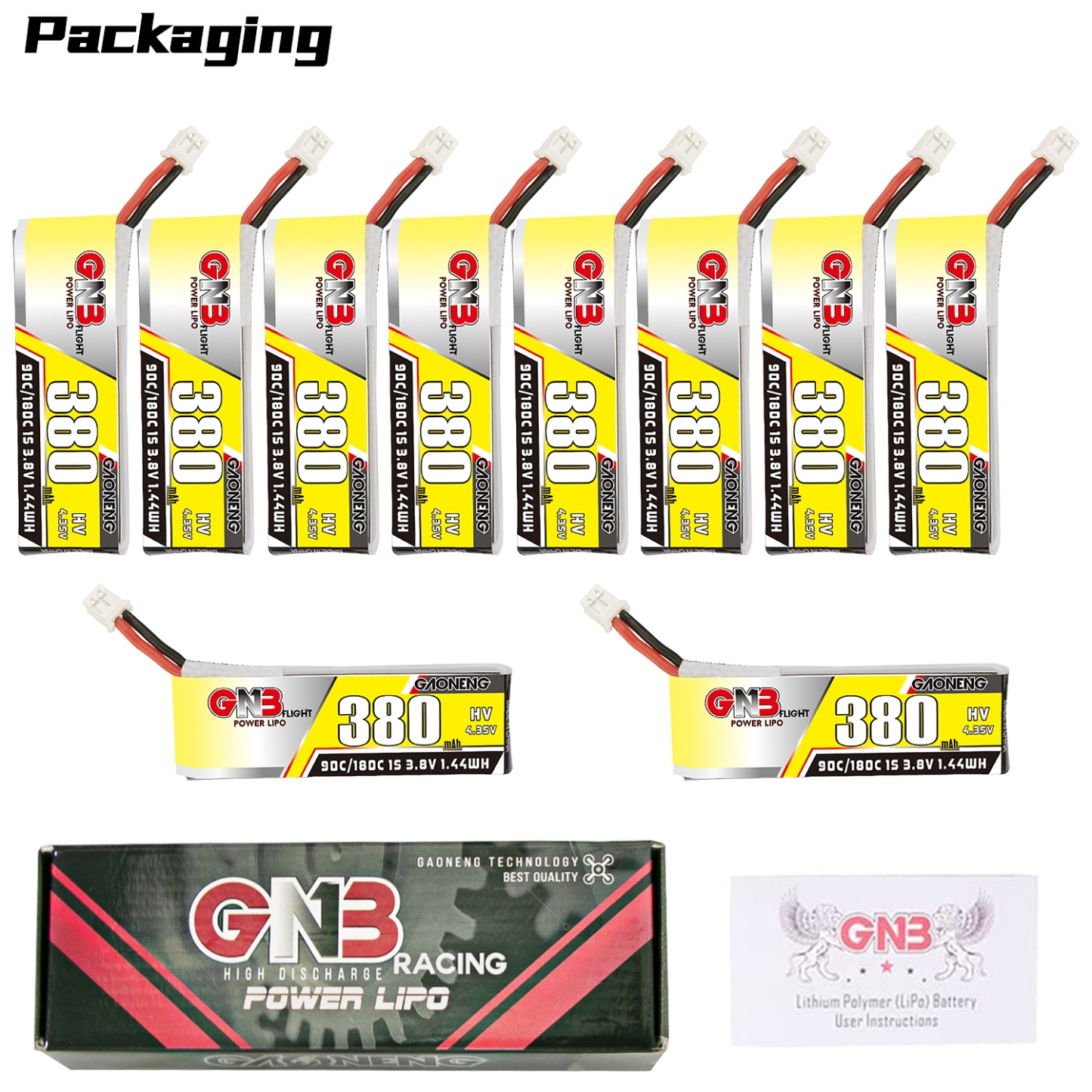 GAONENG GNB LiHV 1S 3.8V 380mAh 90C PH2.0 Cabled LiPo Battery